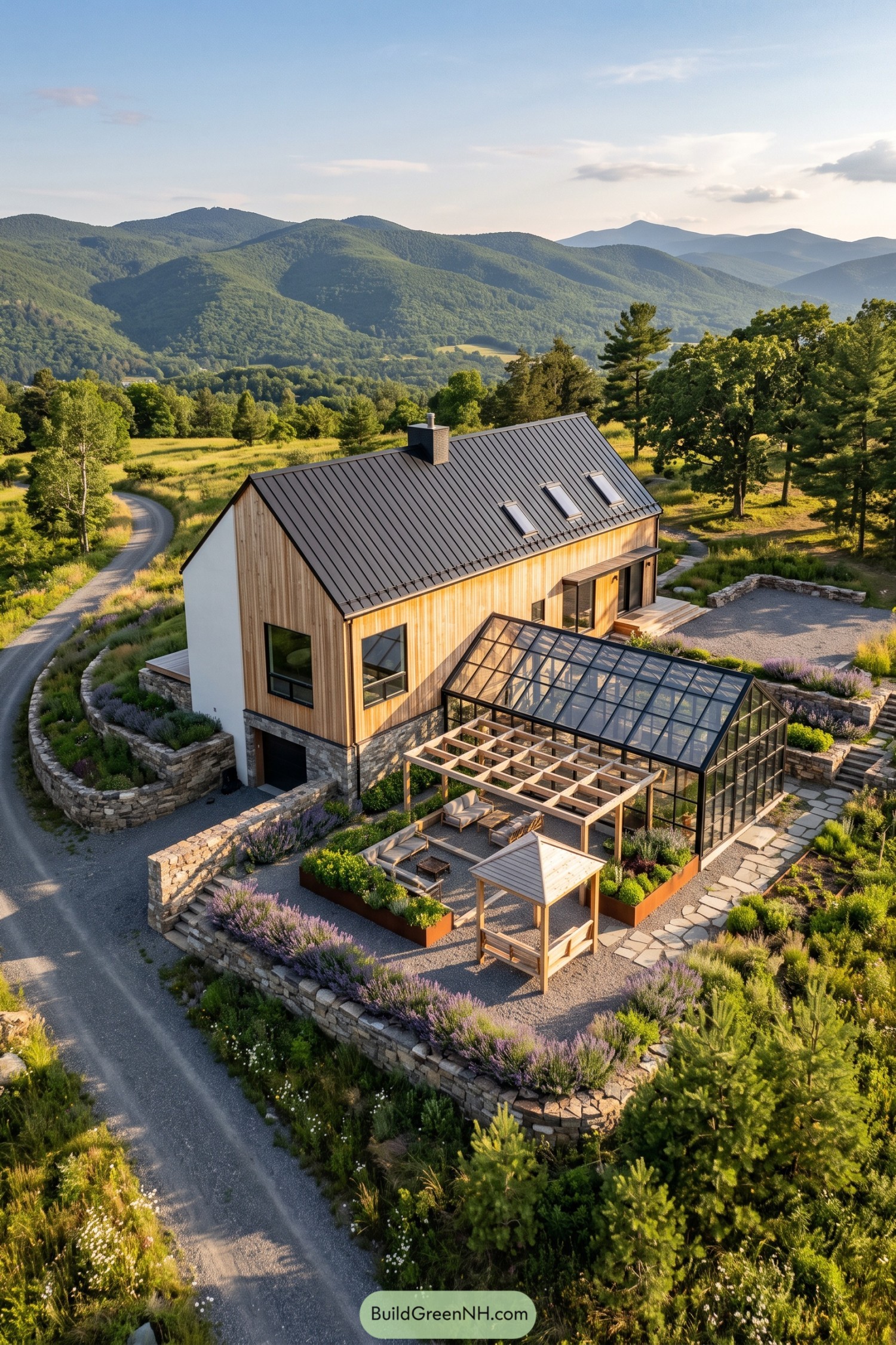 Timber house with a glass addition beside a pergola and terraced stone gardens overlooking wooded mountains