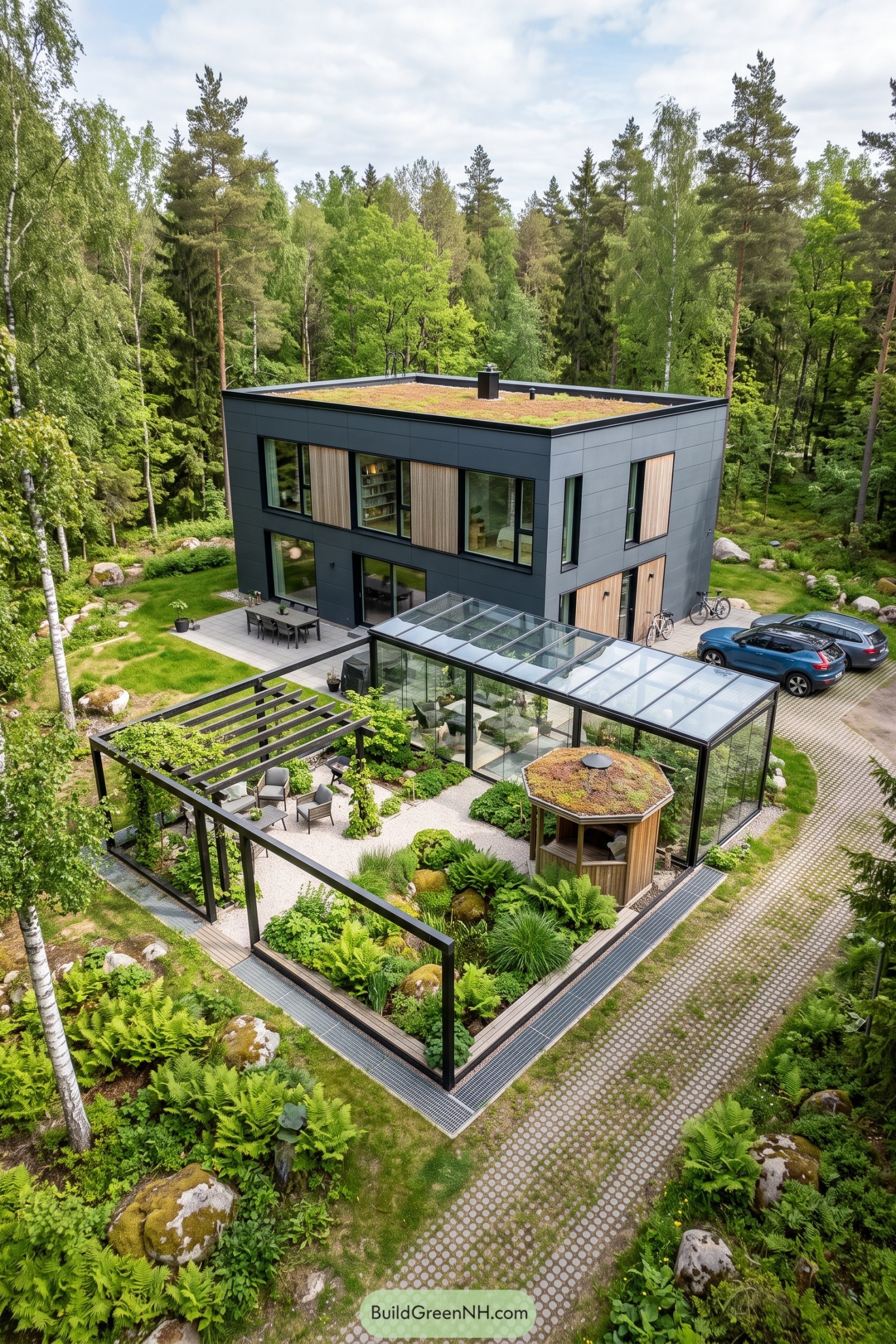 Two-story charcoal house with a planted roof beside a glass garden room and pergola in a wooded setting