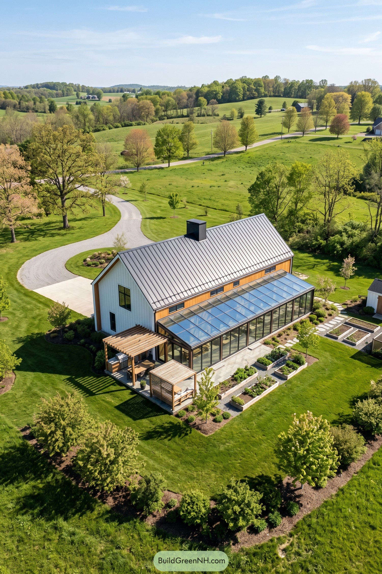 Modern farmhouse with a long glass addition, timber pergolas, and raised garden beds overlooking rolling fields