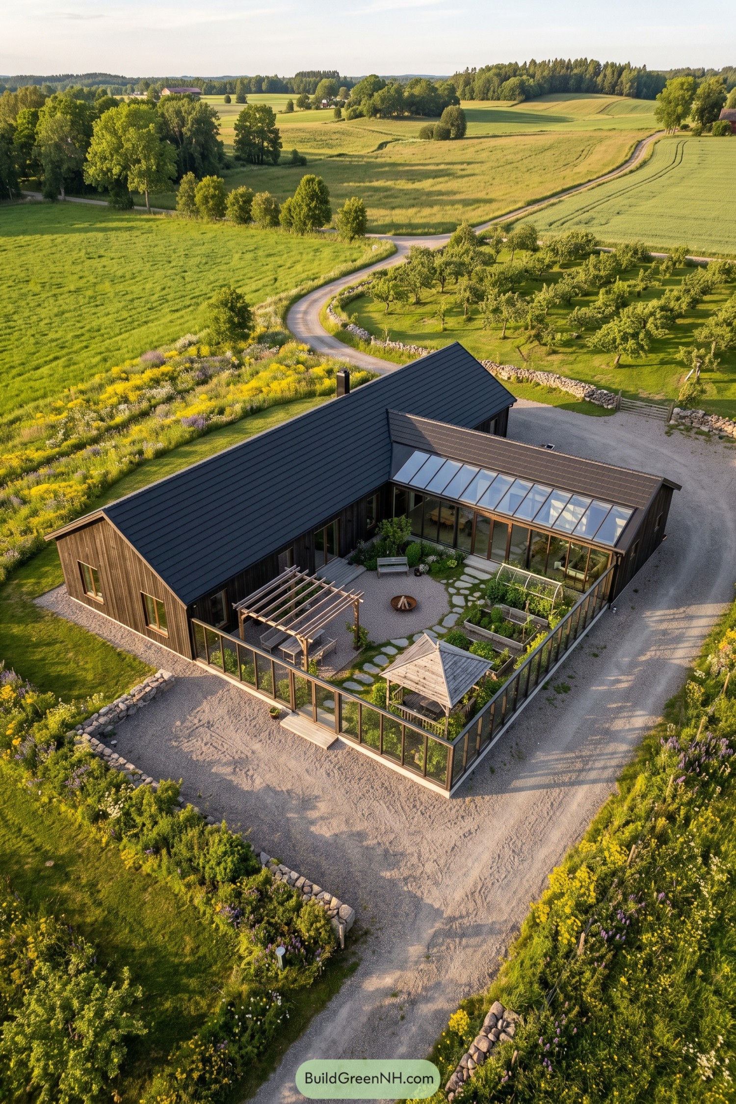 Timber house with a glazed side addition and glass courtyard enclosure surrounding raised beds, seating, and a pergola