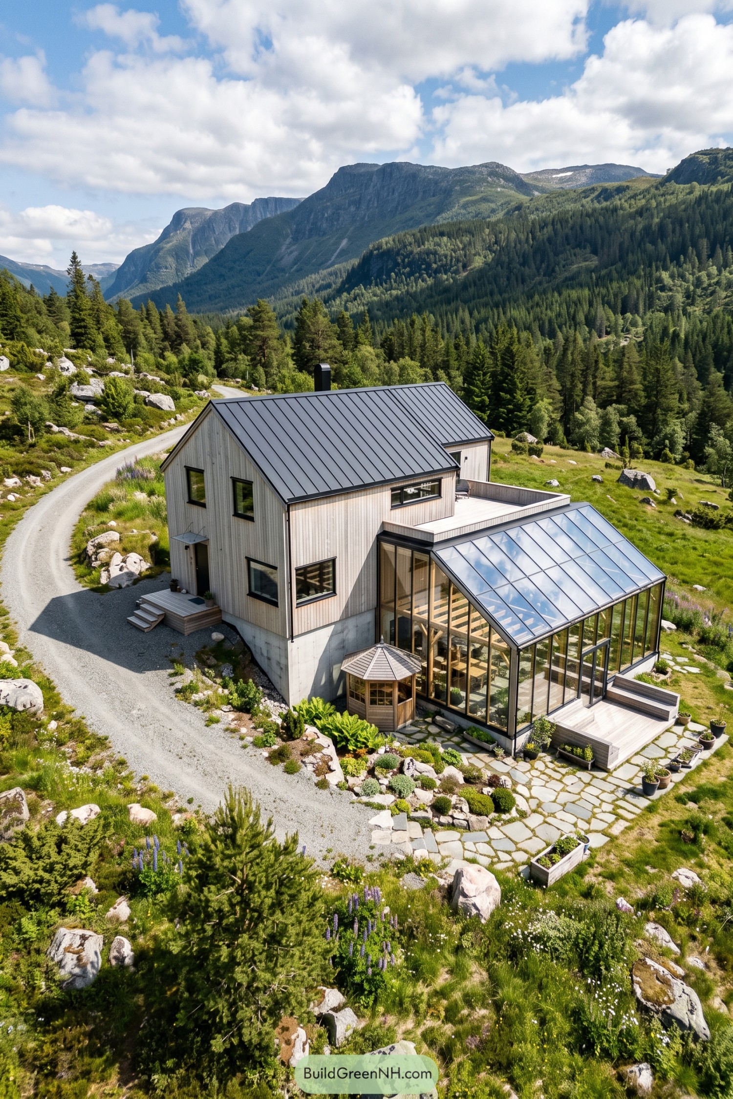Pale timber house with a tall glass addition and rooftop terrace overlooking a forested mountain valley