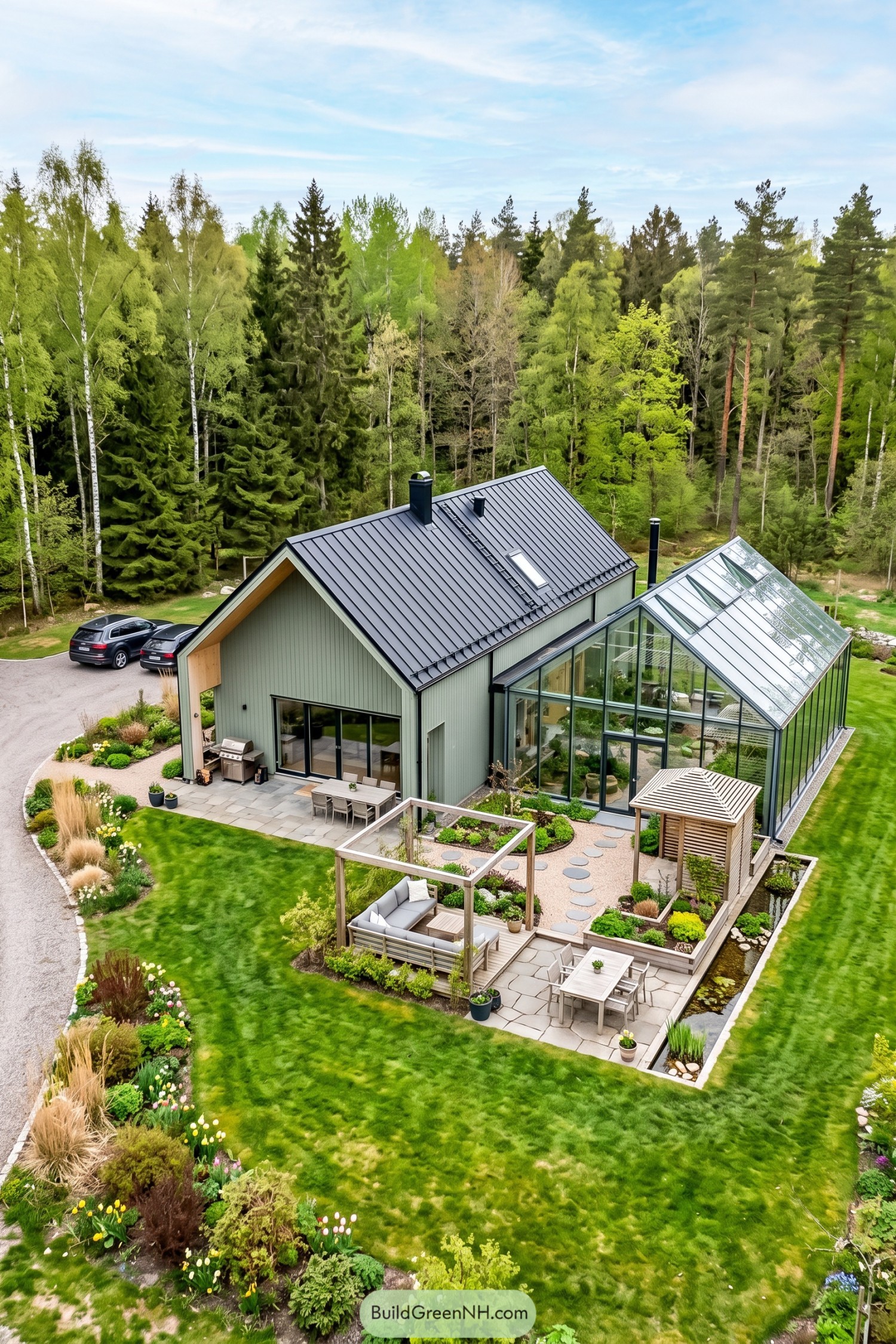 Sage green house with a pitched glass addition overlooking planted terraces and timber seating areas beside woodland