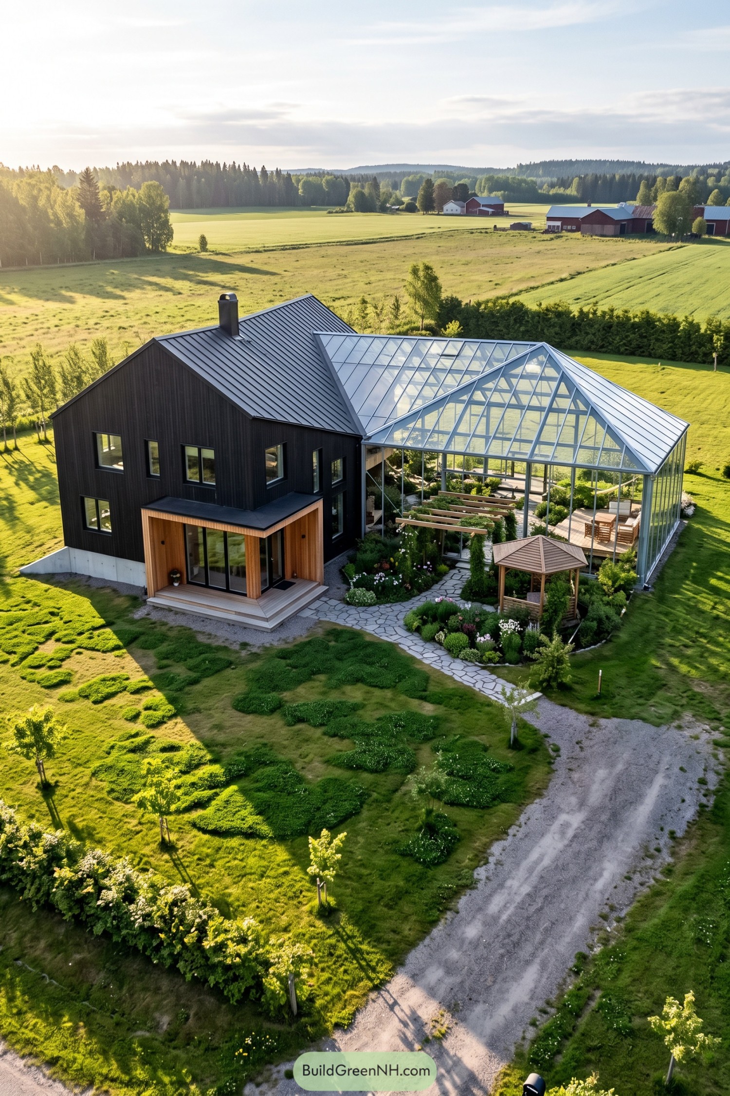 Dark timber house with a large glazed garden addition, wooden entry porch, winding stone paths, and a small gazebo