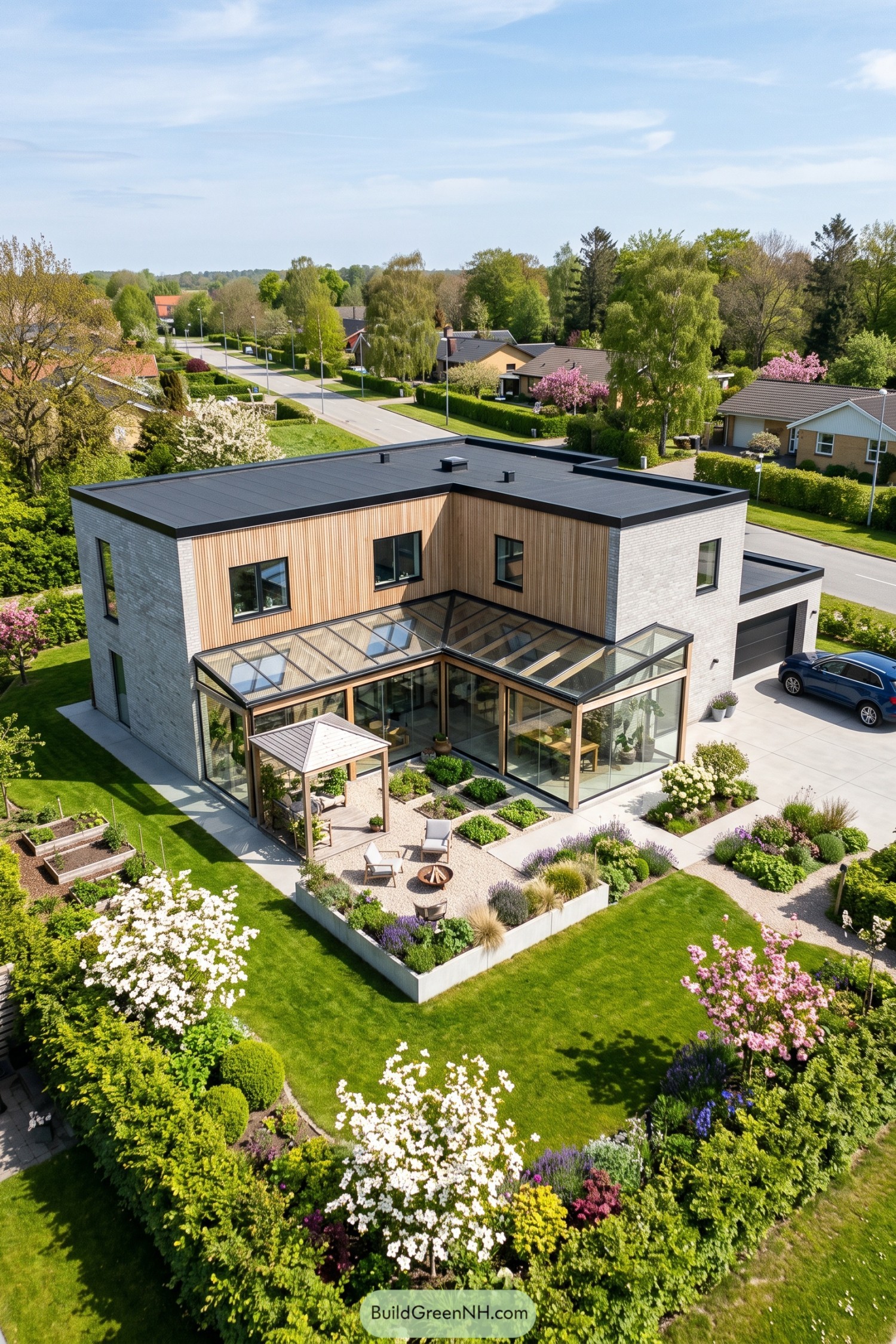 Two story brick and timber house with a wraparound glass conservatory overlooking planted beds and a gravel courtyard