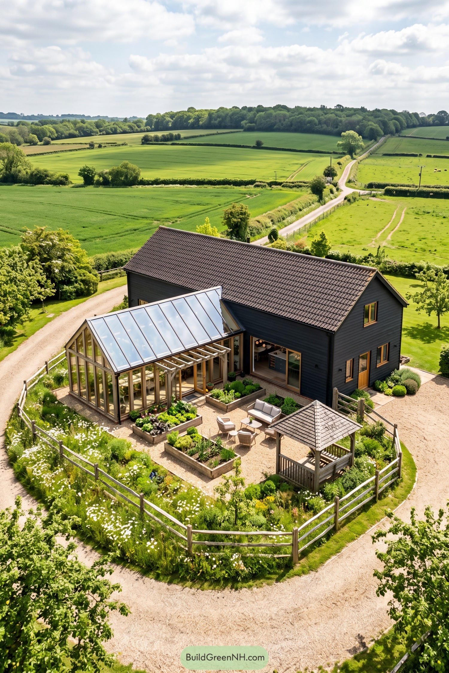 Dark timber house with a glazed conservatory overlooking raised garden beds and a gravel courtyard