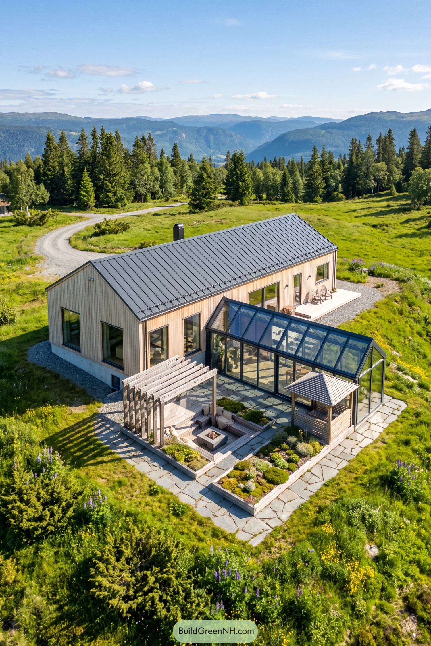 Timber house with a glass extension beside a pergola courtyard and planted beds in a mountain meadow