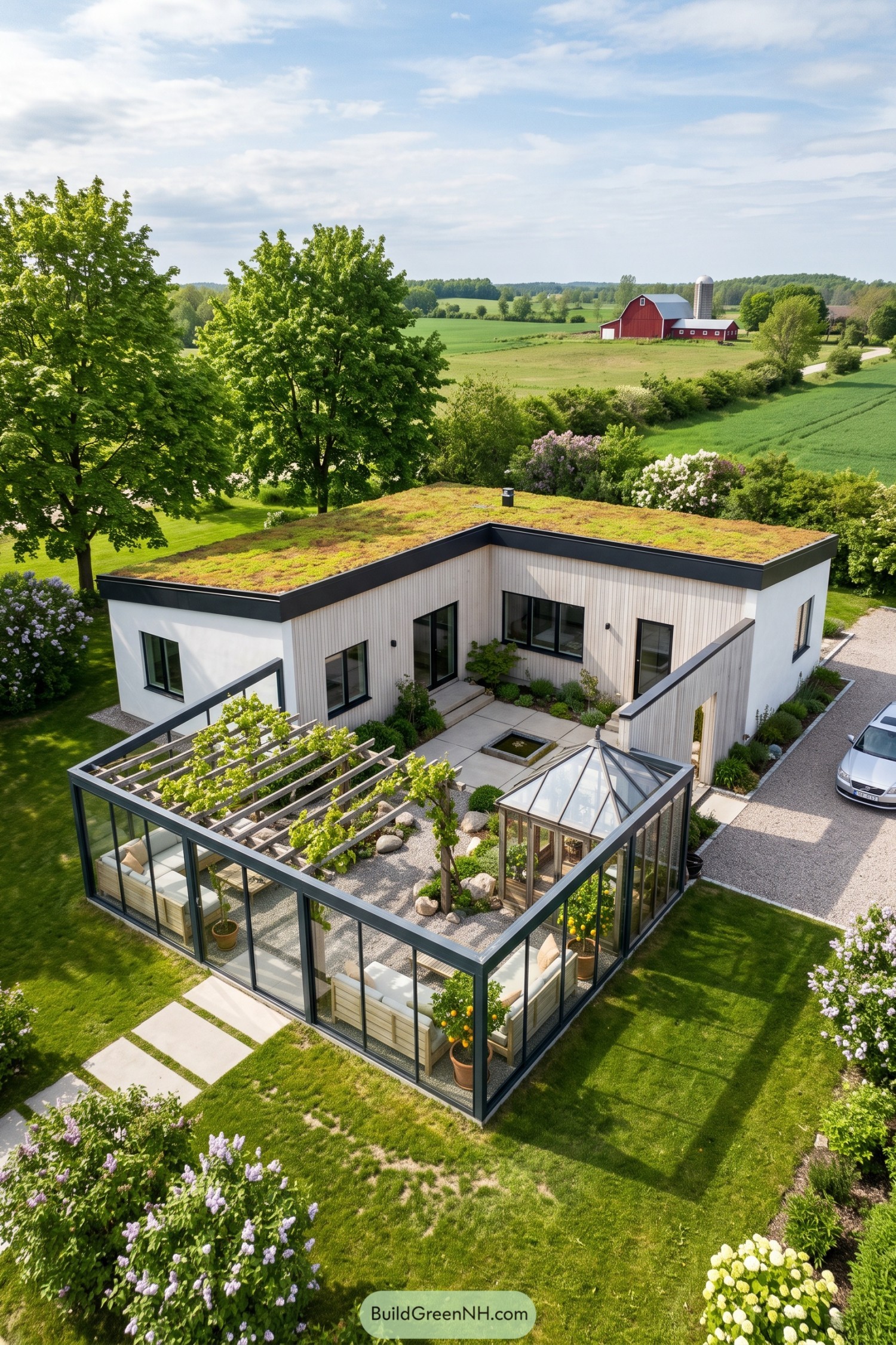 Modern white house with a planted roof and glass courtyard enclosure featuring a pergola and small greenhouse