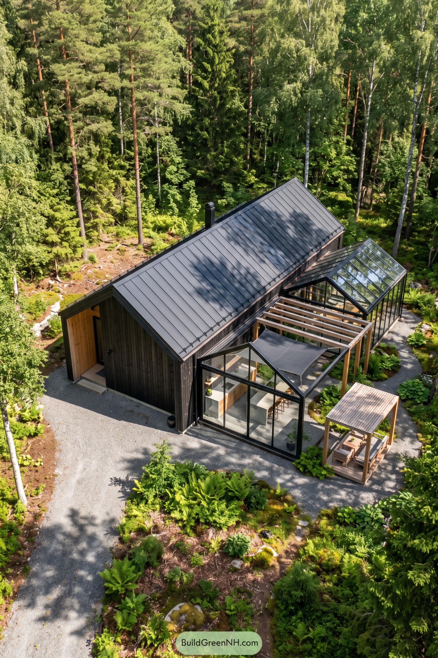 Dark timber forest house with glass additions, a metal roof, timber pergolas, and winding gravel paths