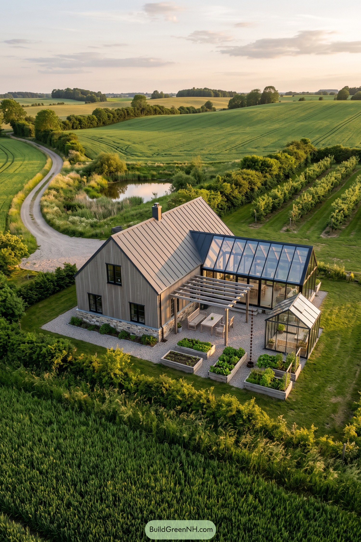 Timber farmhouse with a glass extension, pergola, greenhouse and raised vegetable beds beside open fields