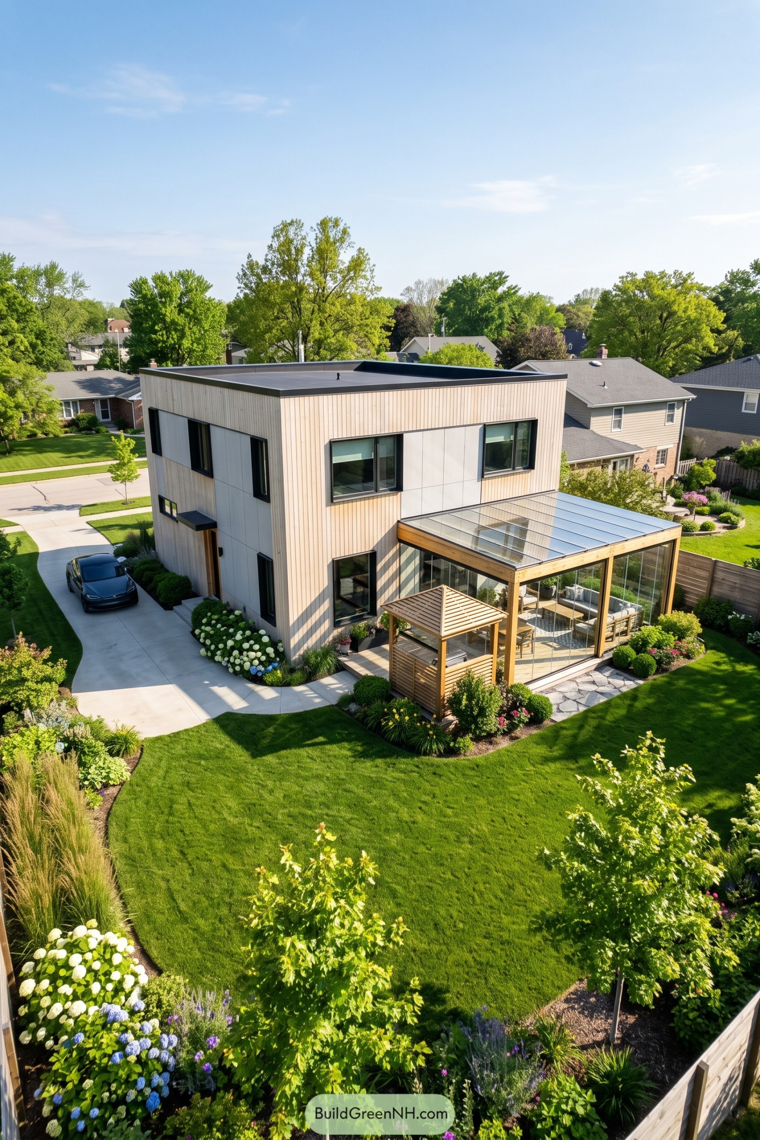 Two-story wood-clad house with a timber-framed glass addition overlooking a landscaped lawn