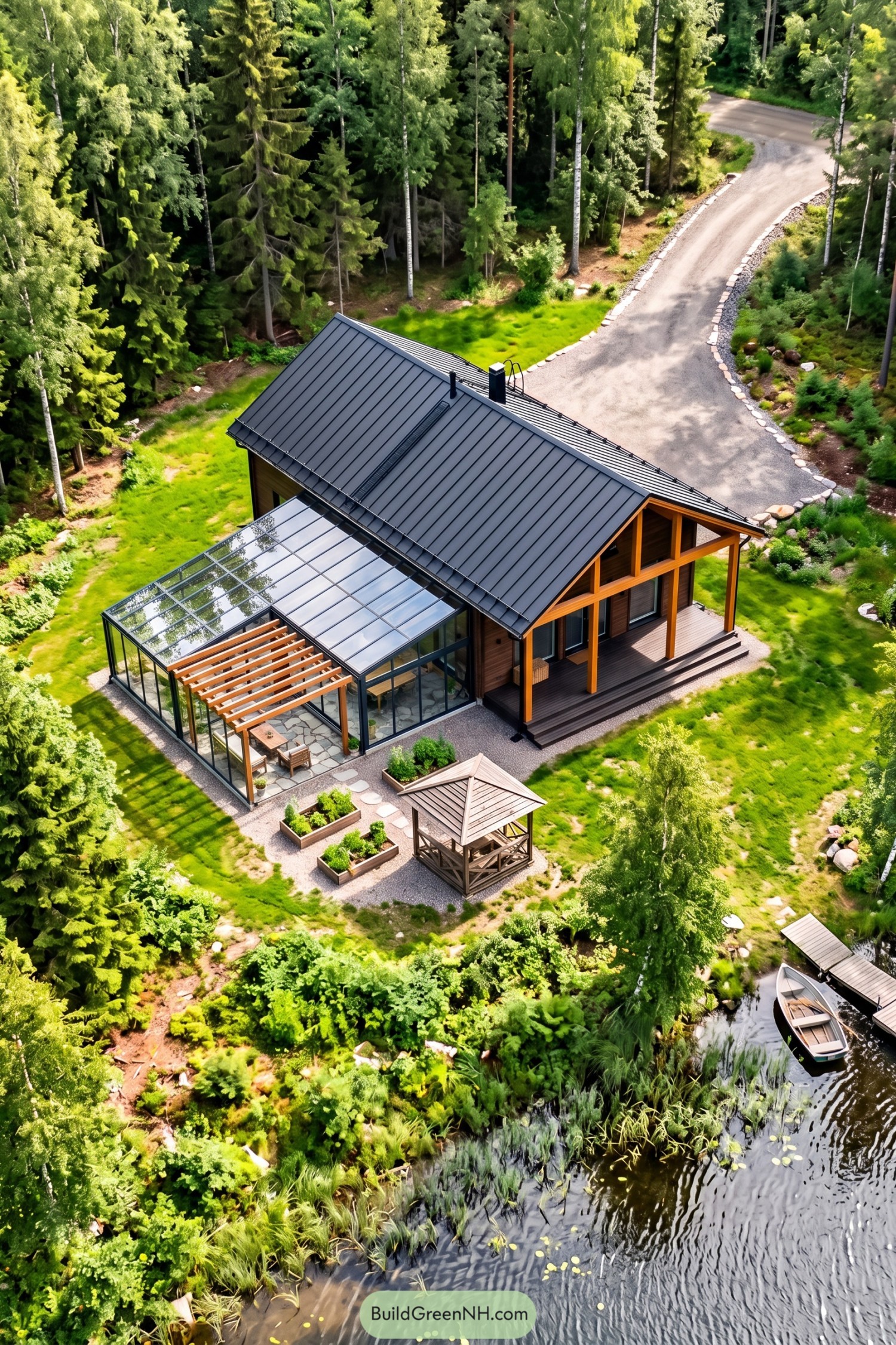 Timber lakeside house with a glass extension, pergola, covered porch and garden gazebo surrounded by forest