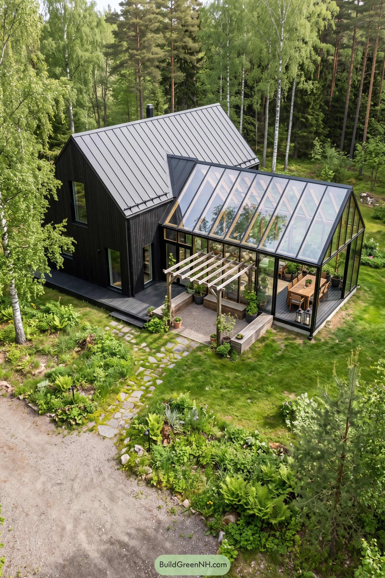 Black timber house with a gabled glass addition overlooking a wooded garden and timber pergola