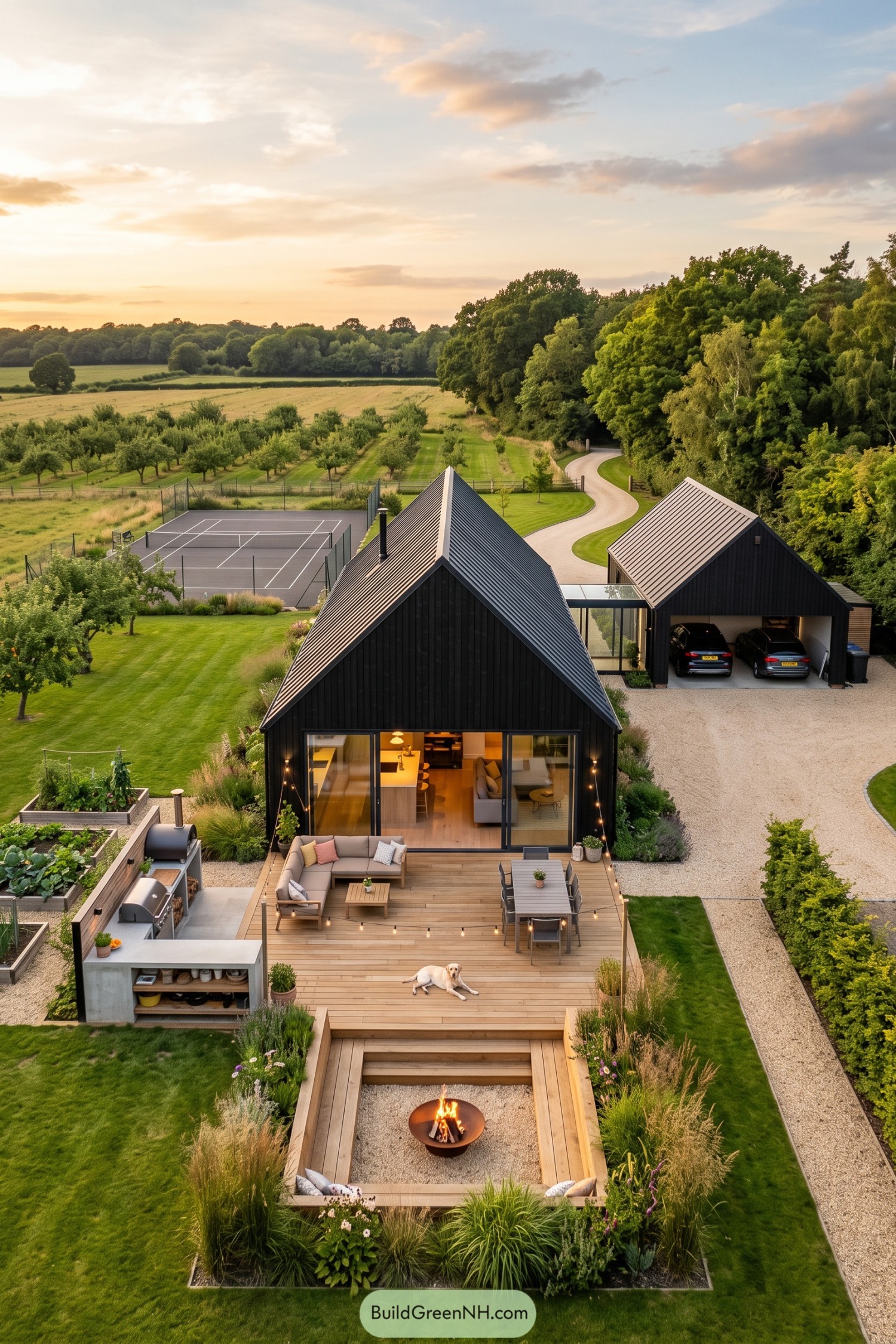 Black Scandinavian barn house with a timber dining deck, outdoor kitchen, sunken firepit and glazed garage connection
