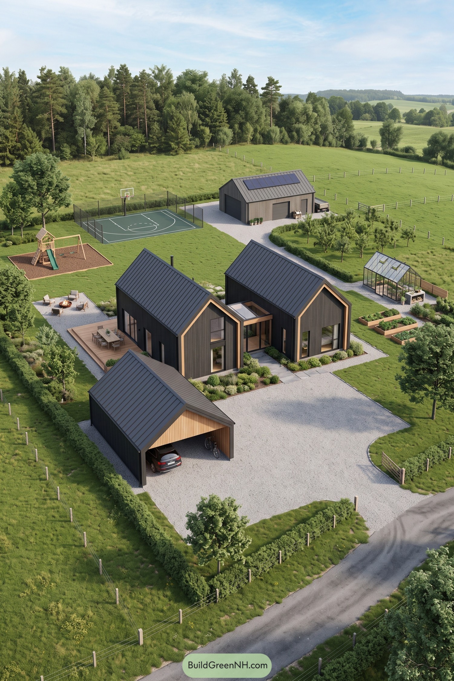 Scandinavian barn house with timber-framed gables, detached carport, solar-equipped outbuilding, basketball court and greenhouse