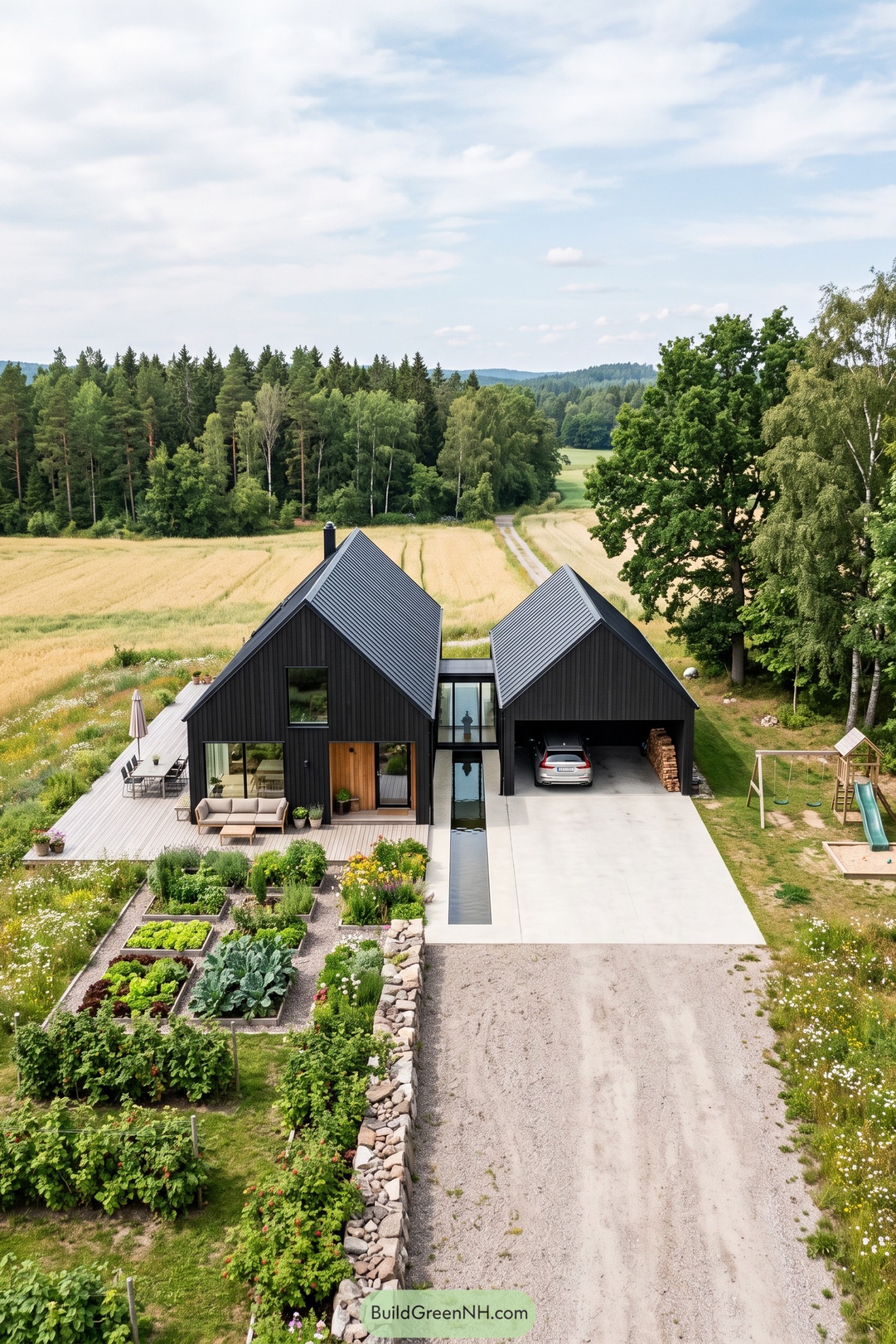 Black barn house with steep metal roofs, a glazed link, open garage, narrow reflecting pool, and raised vegetable beds