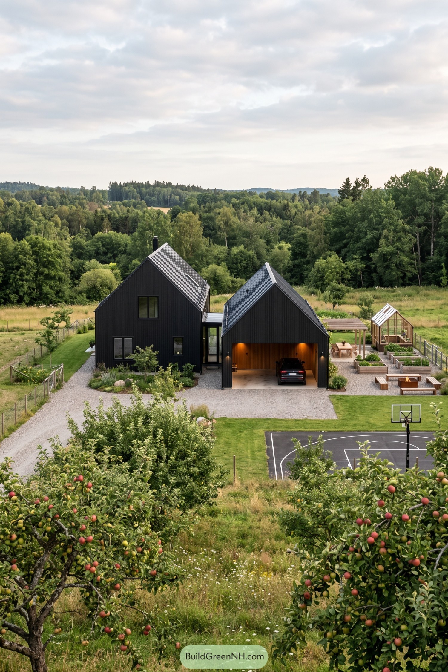 Black Scandinavian barn house with a timber-lined carport, greenhouse, raised garden beds, and basketball court beside an orchard