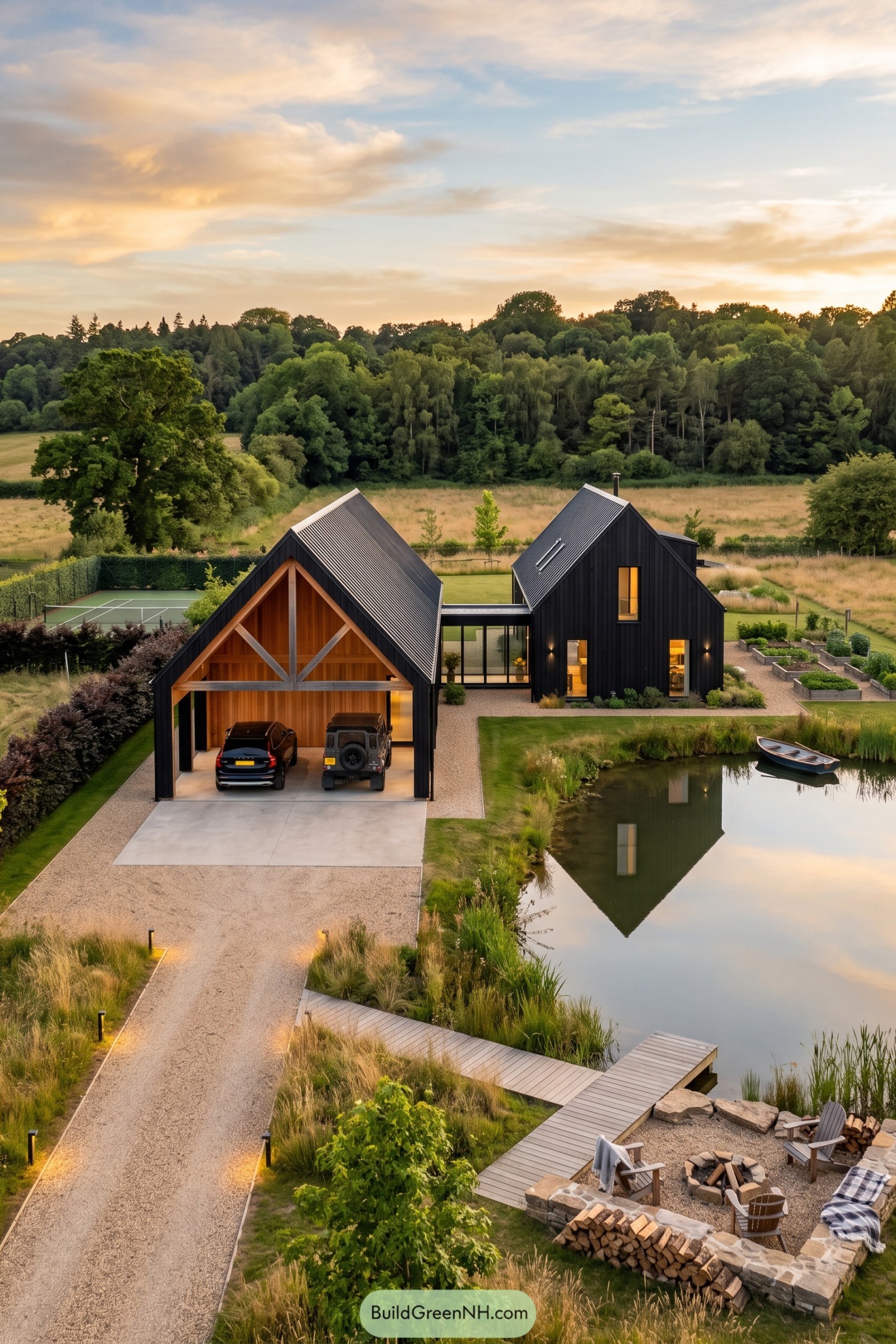 Black barn house with a timber framed carport beside a pond and stone enclosed firepit