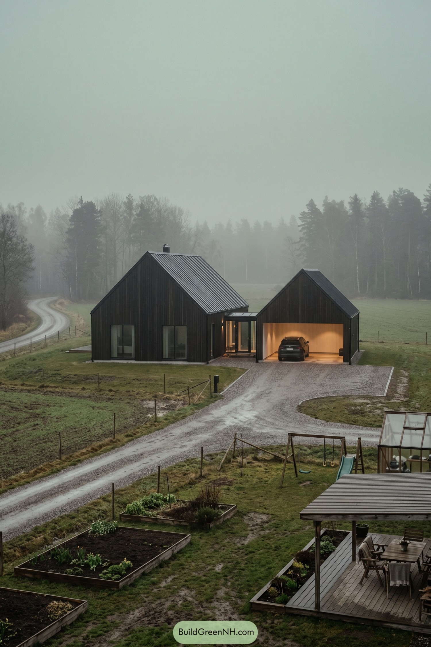 Black timber barn house with steep metal roofs, a glazed entrance link, and an open garage beside a gravel drive
