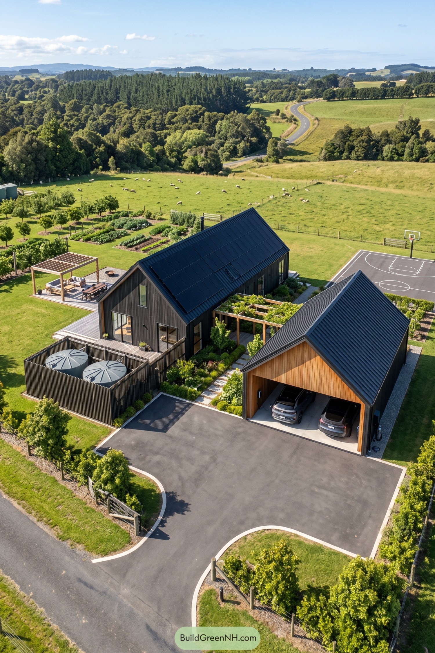 Dark timber barn house with rooftop solar panels, screened water tanks, a planted pergola and a separate timber garage