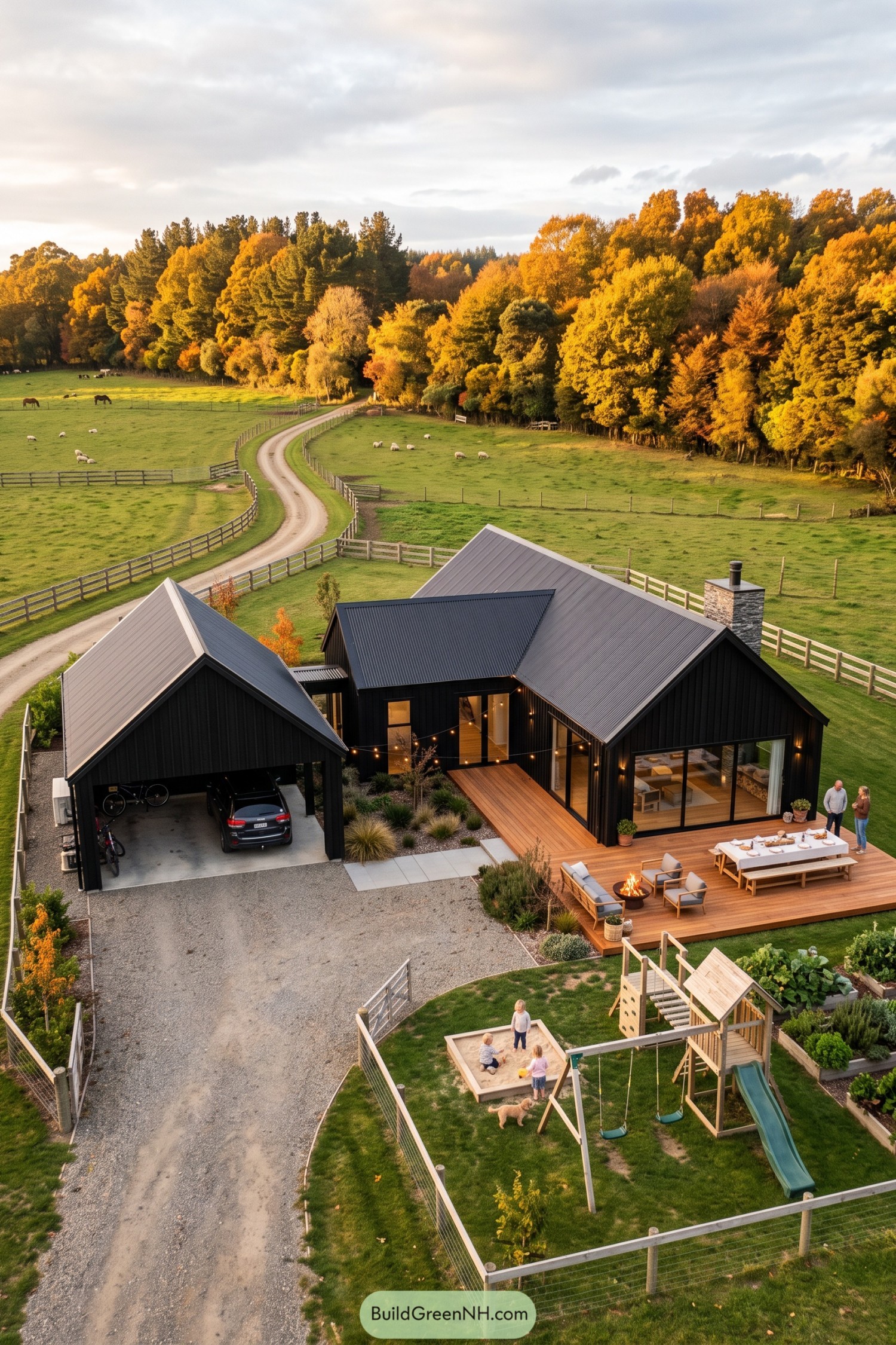 Black barn house with metal gabled roofs, a timber deck, open carport, and fenced play garden beside pastures