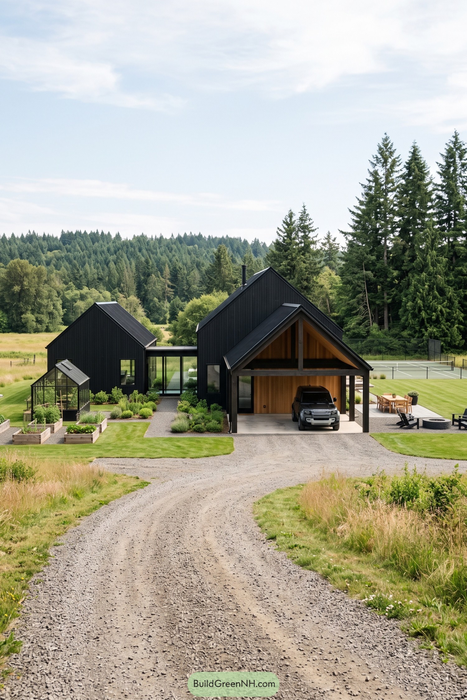 Black Scandinavian barn house with a timber carport, greenhouse, raised garden beds and a curving gravel driveway