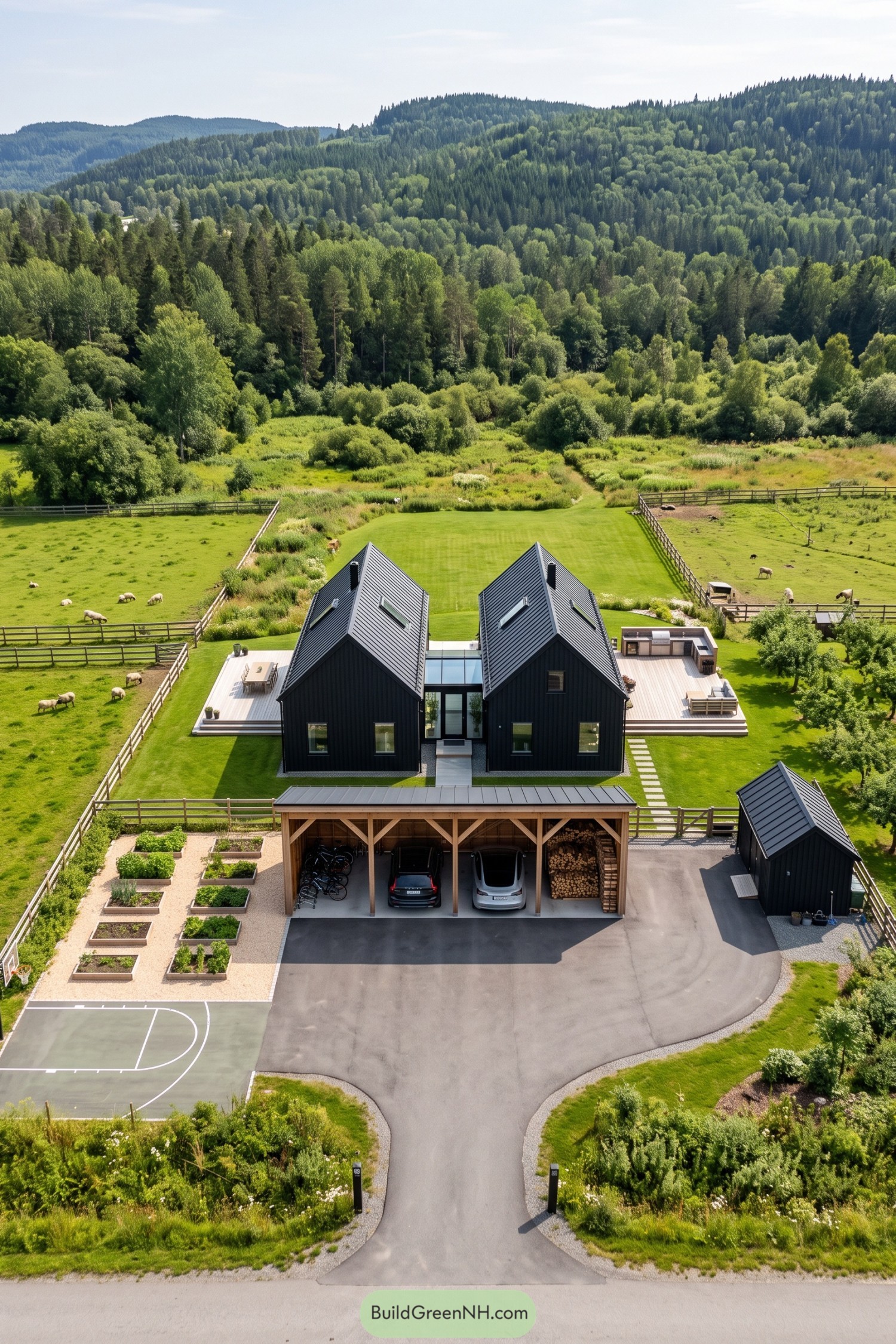 Aerial view of a black barn house with paired gables, a glazed connector, timber decks, and an open carport beside sheep pastures