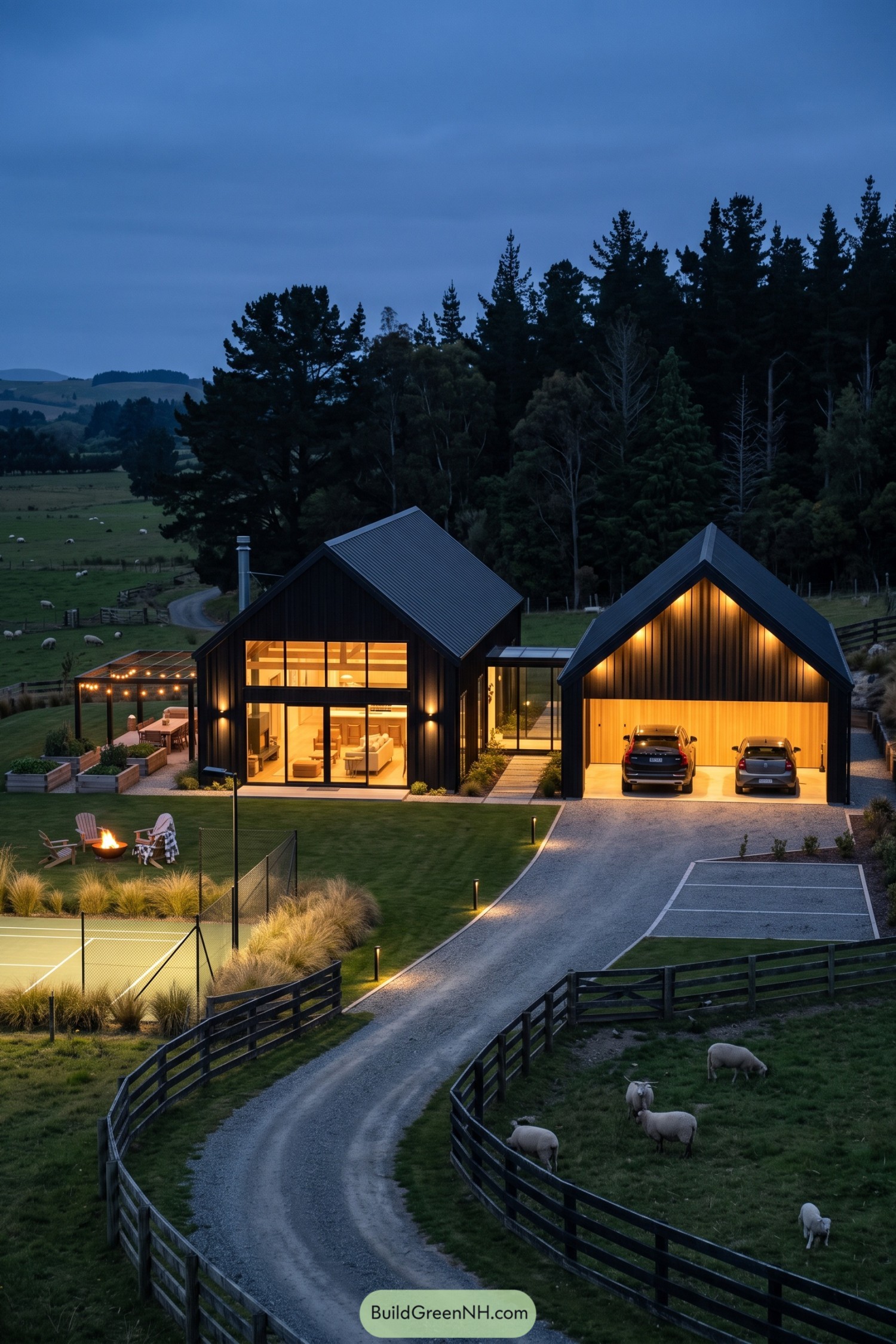 Black barn house with a glazed connector and double garage beside a tennis court and sheep paddocks