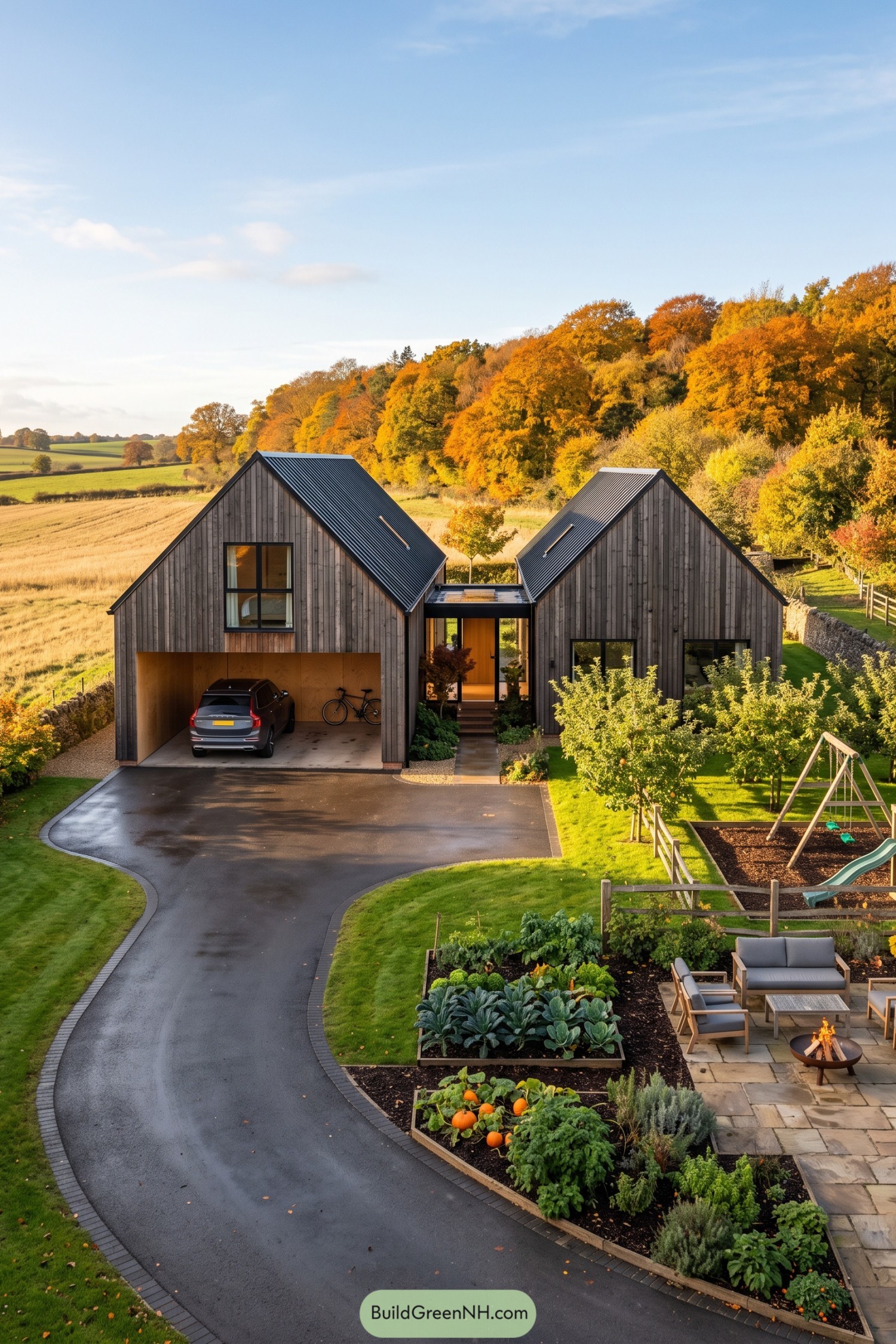 Scandi barn house with timber cladding, two pitched roofs, a recessed carport, and raised vegetable beds