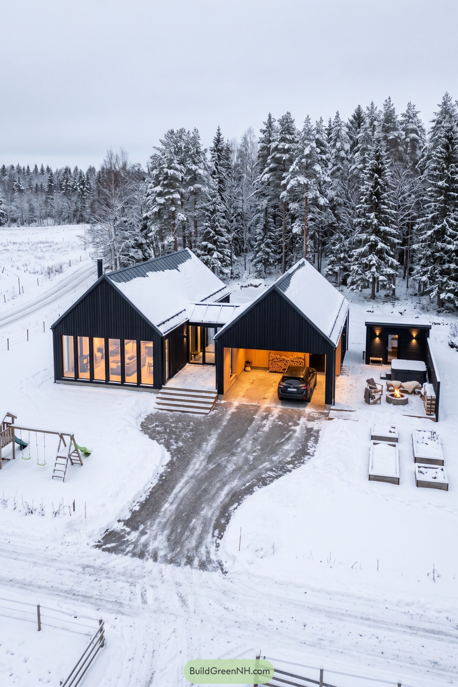 Black Scandinavian barn house with connected gabled wings, tall windows, an open carport and a snowy fireside patio