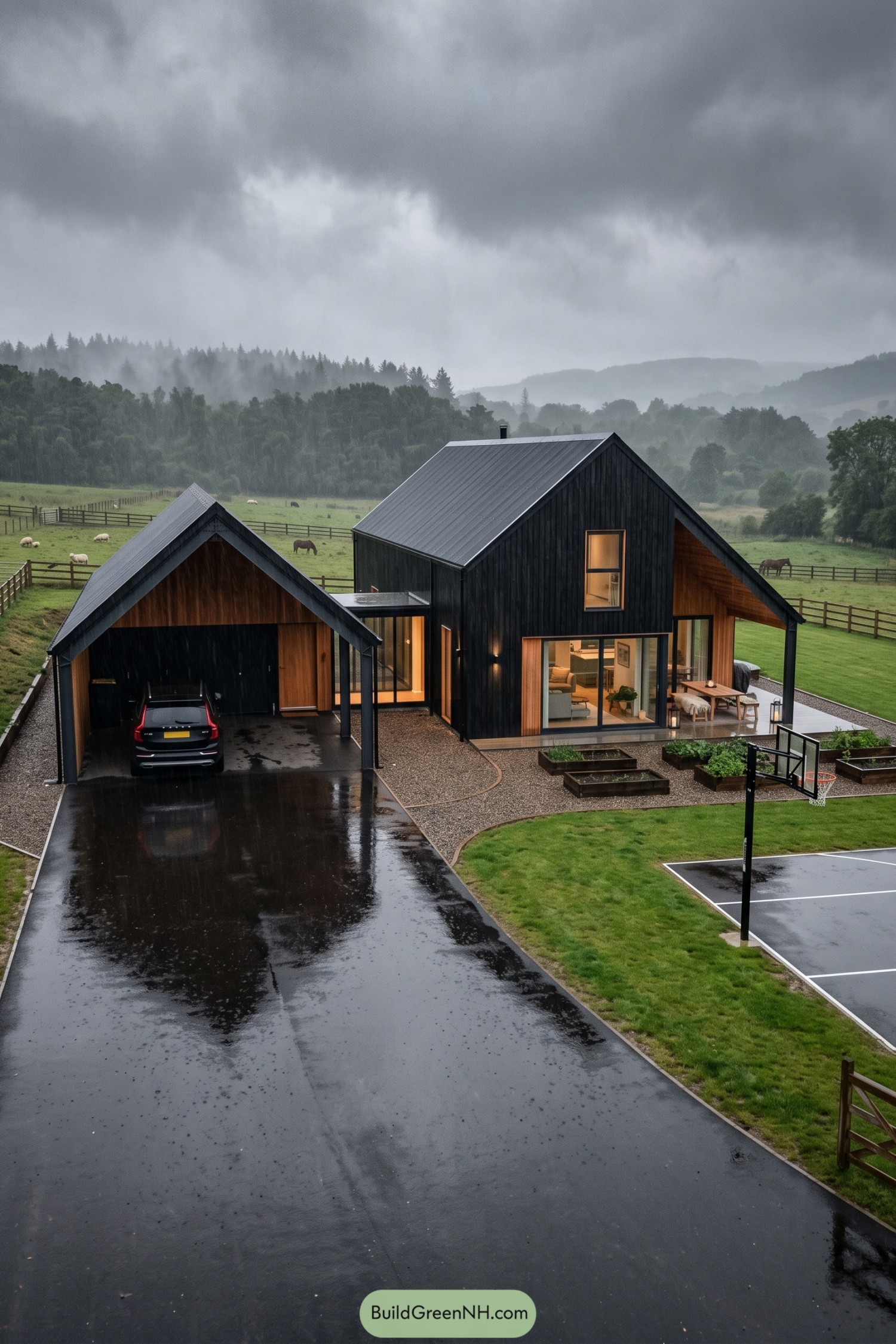 Black barn house with timber recesses, a glazed entry link, gabled carport, covered terrace, and raised garden beds