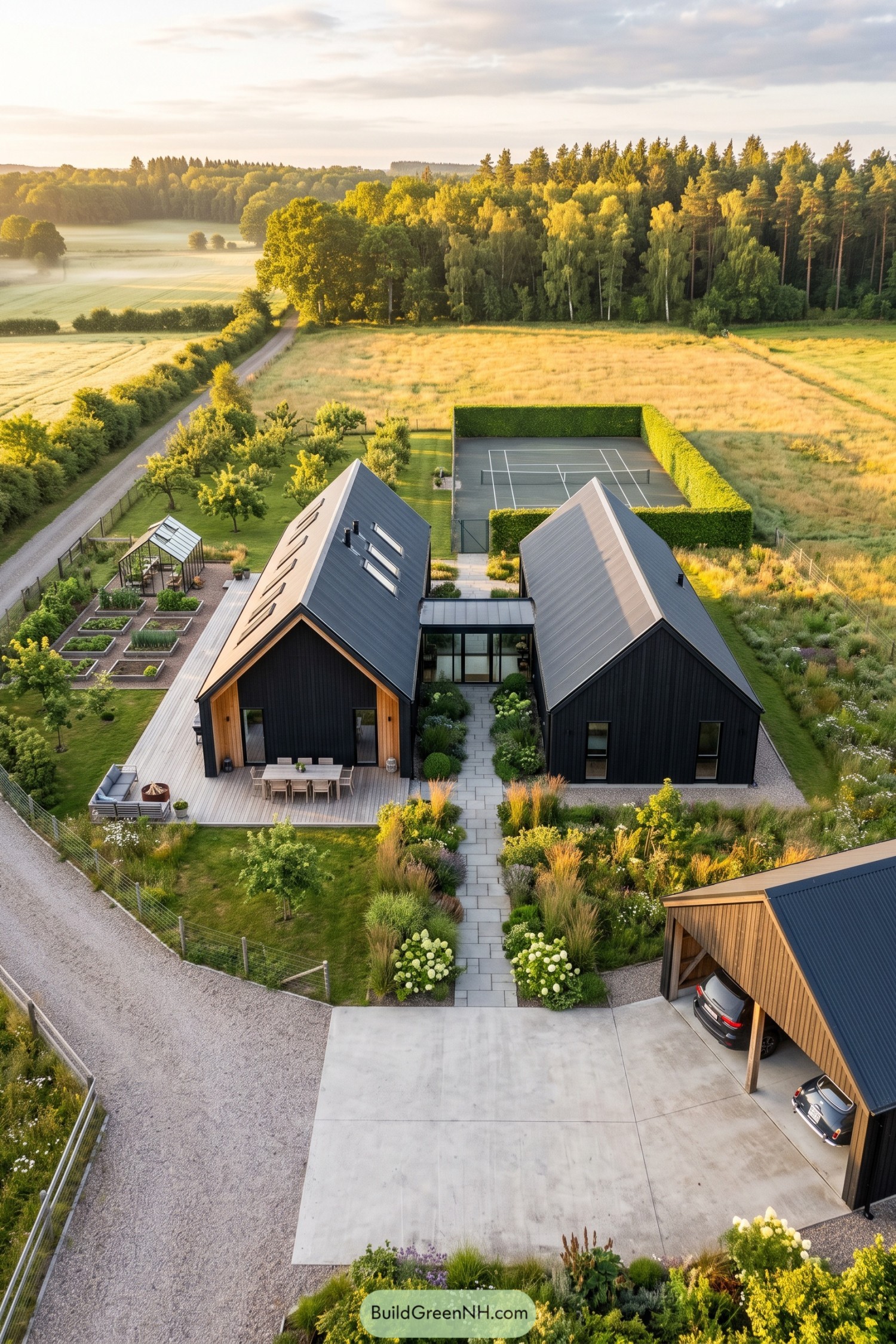 Aerial view of two black barn wings joined by glass with a timber deck gardens greenhouse and tennis court