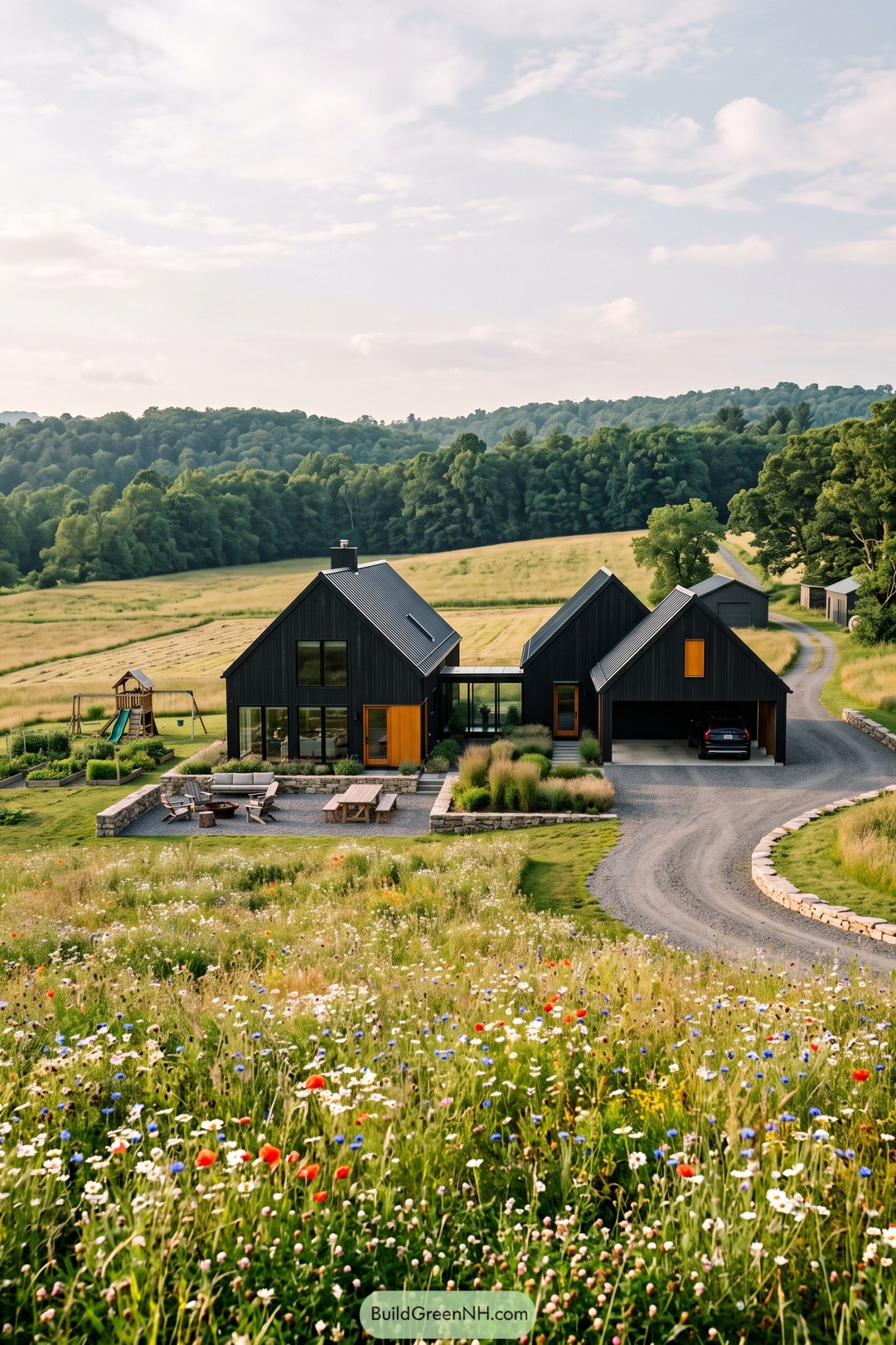 Black Scandinavian barn house with timber door surrounds, connected gables, an open garage, and a stone-bordered patio beside wildflower meadows