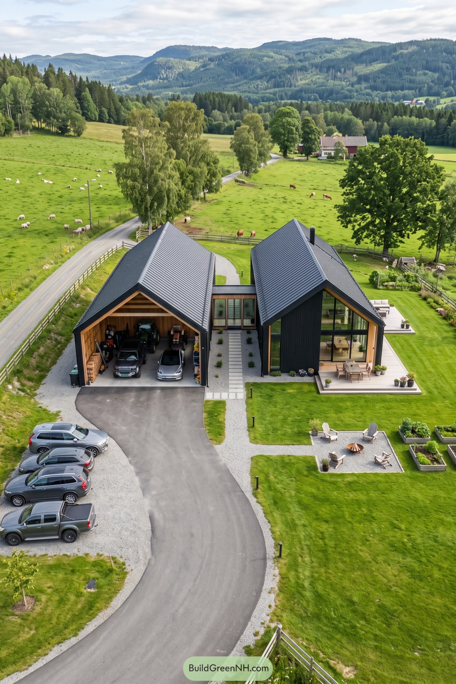 Modern black barn house with twin metal roofs, timber trim, an open garage, and garden terraces
