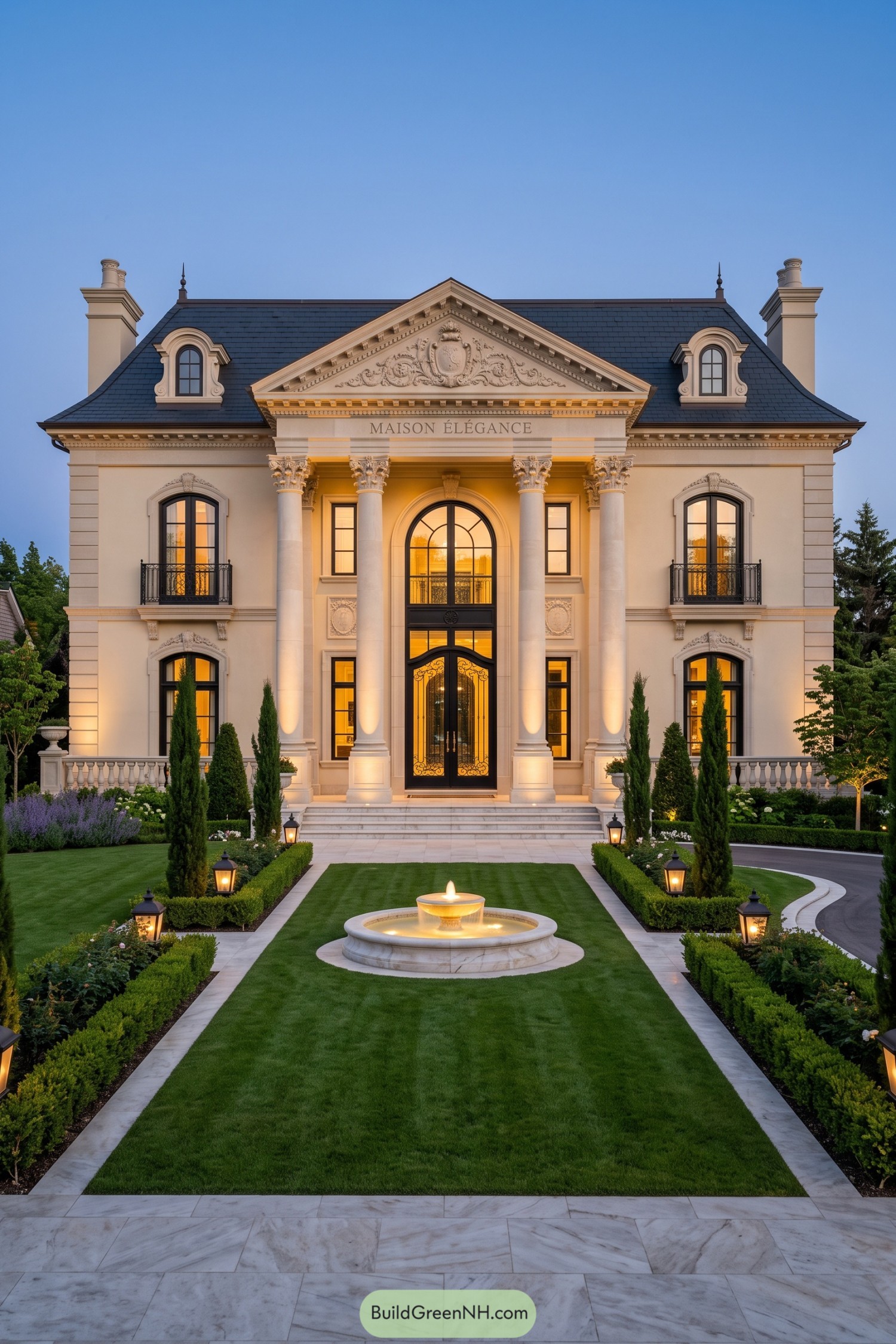 Classical cream villa with ornate columns, a dark slate roof, iron balconies, and a central garden fountain
