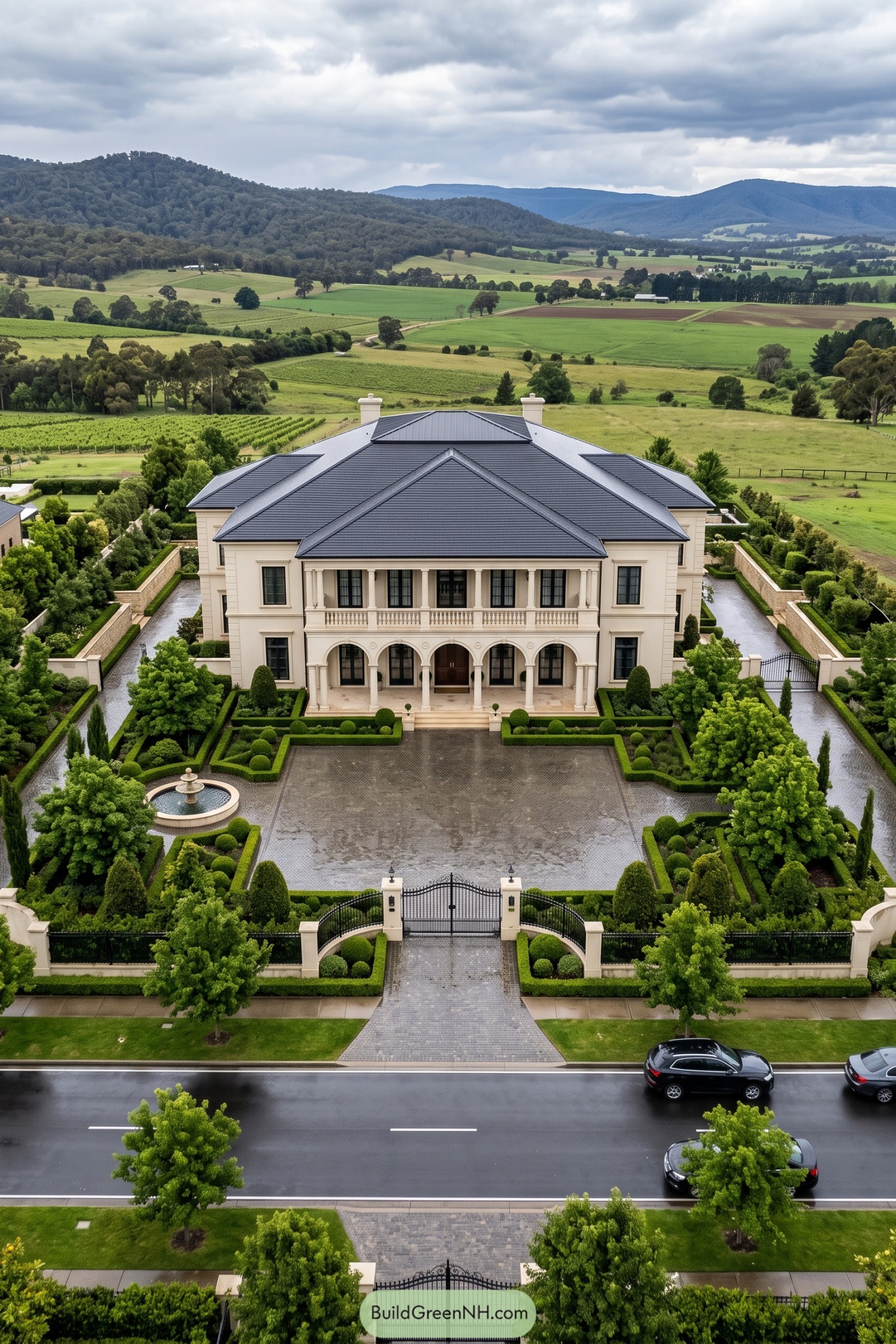 Cream classical villa with arched verandas, a balustraded balcony, charcoal roofs and a landscaped gated courtyard