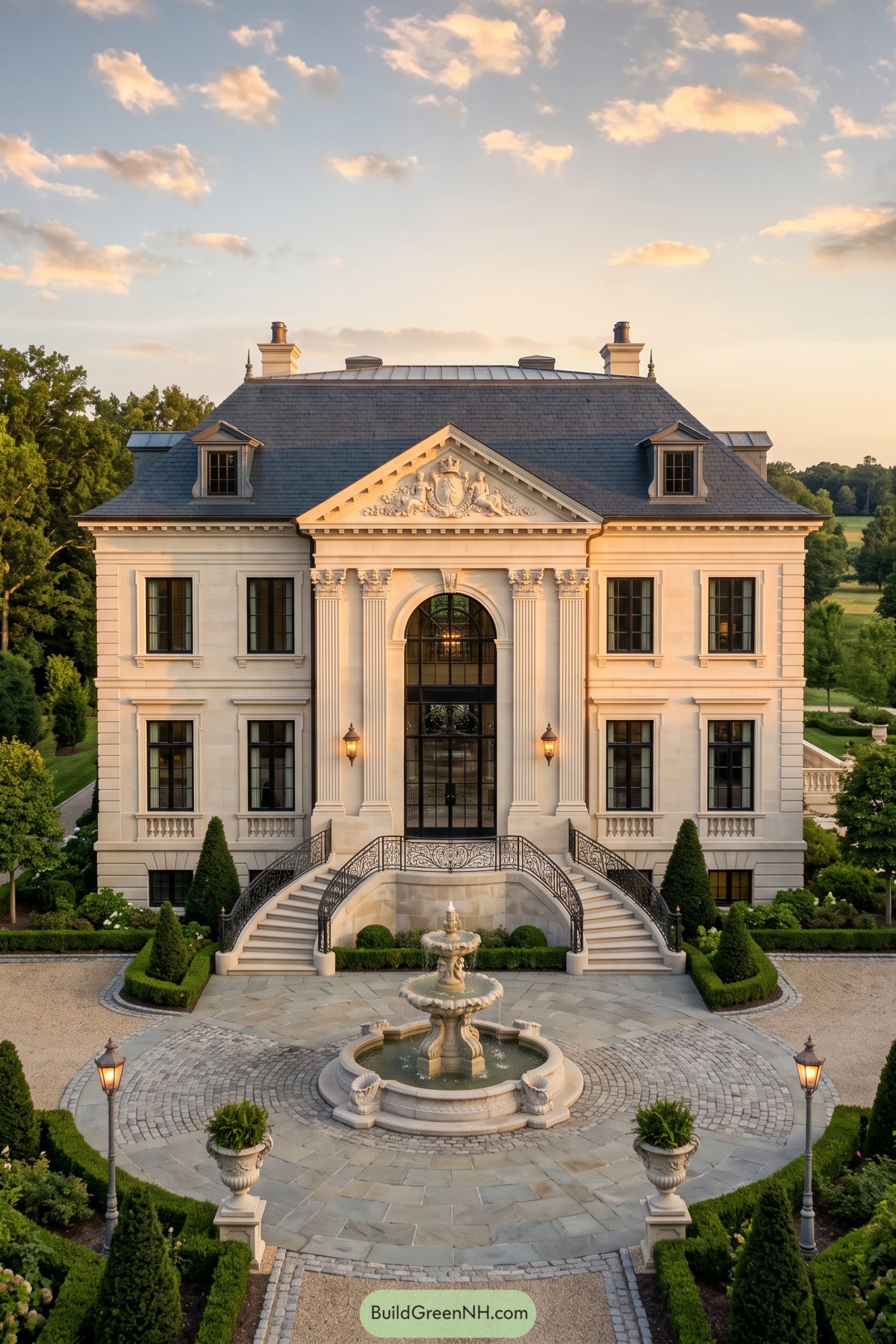 Classical cream villa with paired curved staircases, ornate columns, a slate roof and a tiered courtyard fountain