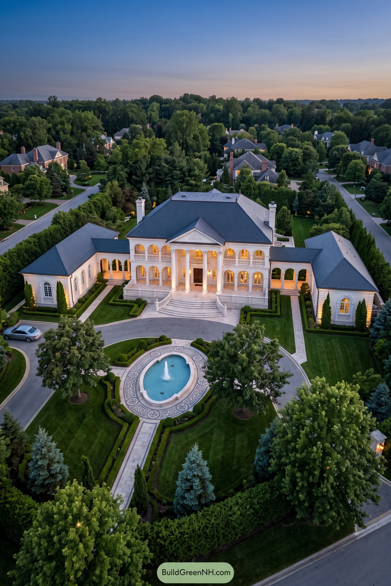 White classical villa with a columned entrance, arched galleries, symmetrical wings, and an oval fountain garden