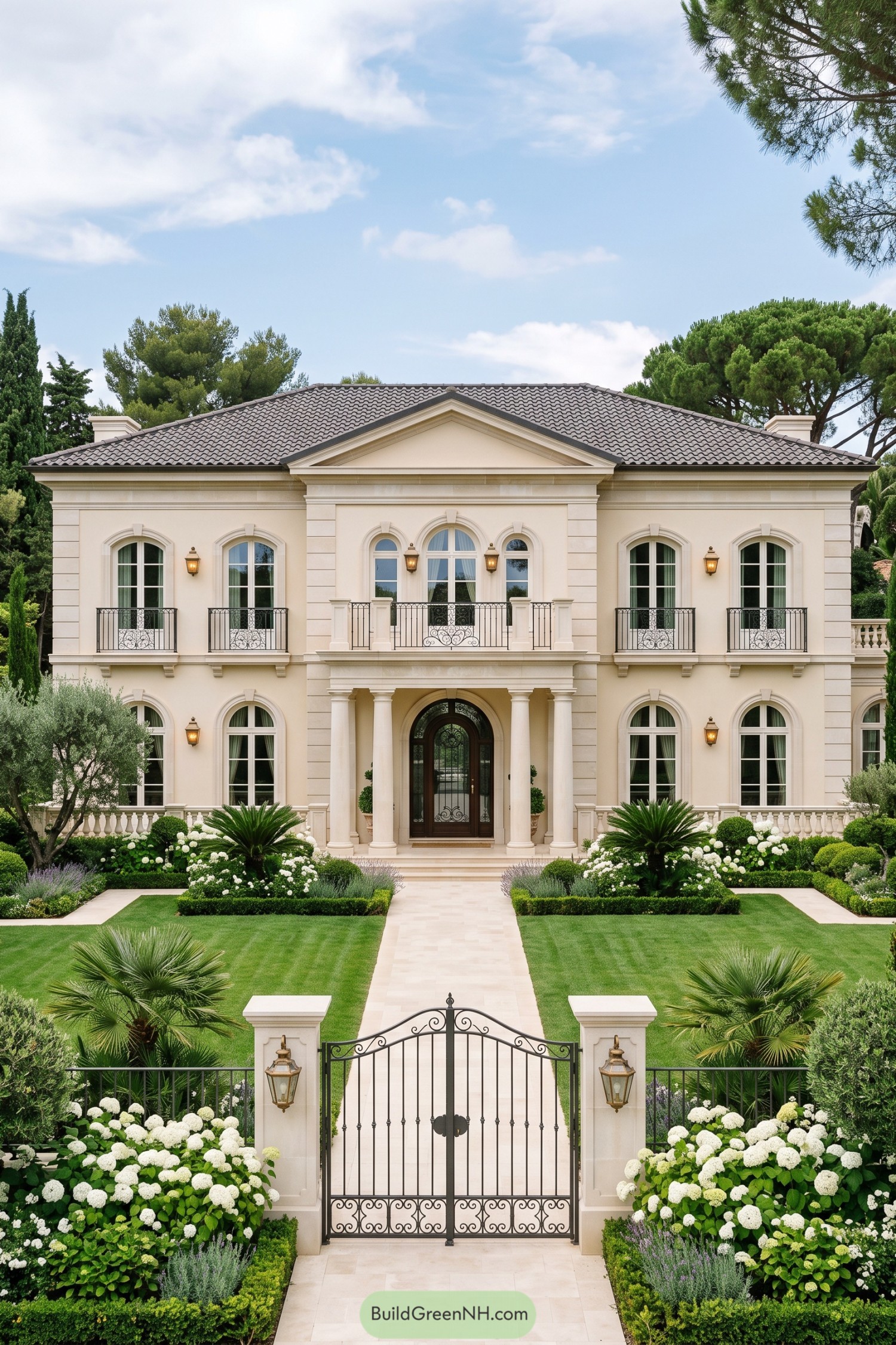 Cream neoclassical villa with arched windows, iron balconies, a columned entrance, and symmetrical flowering gardens