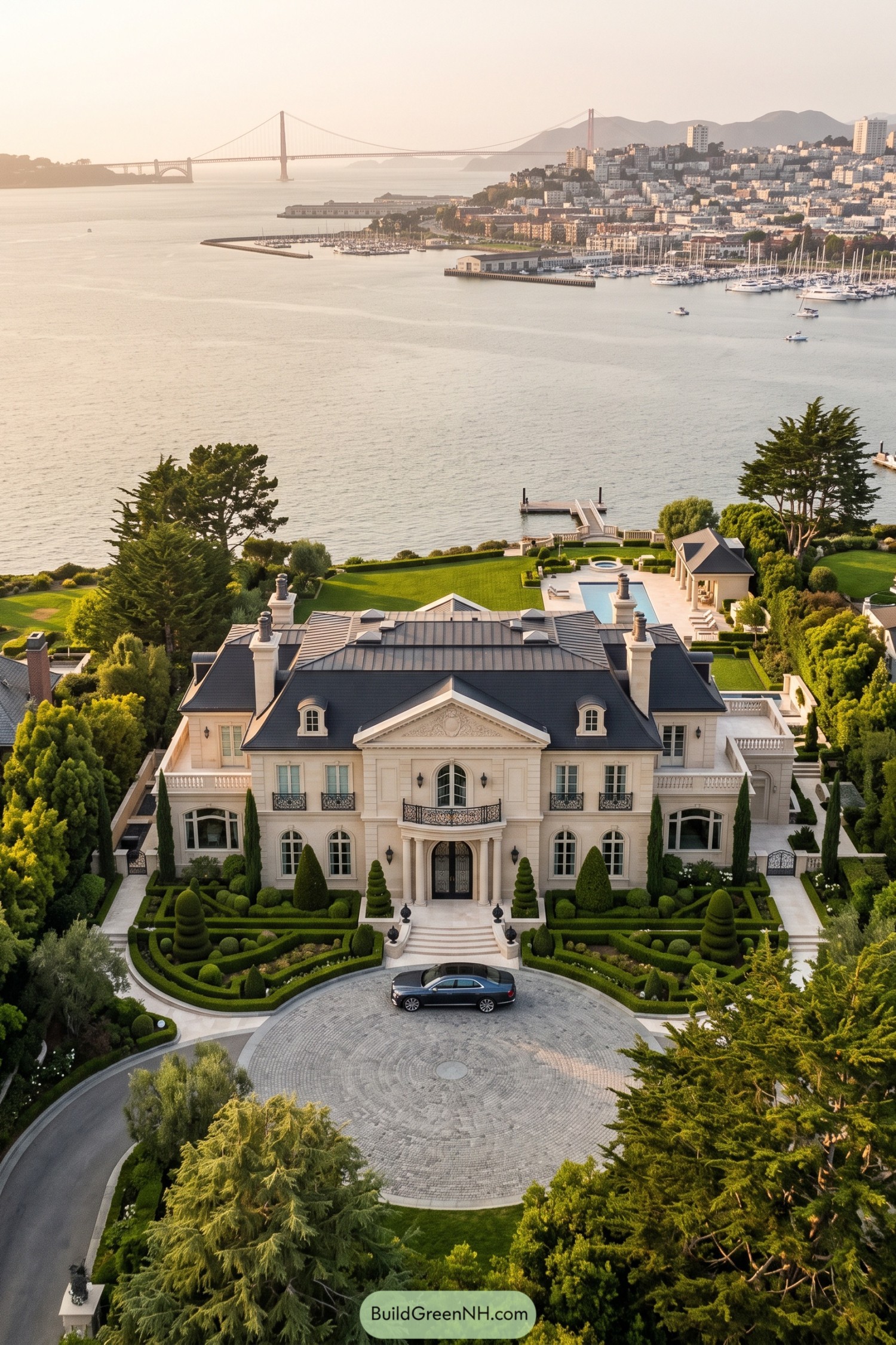 Cream waterfront villa with a sculpted pediment, wrought iron balconies, formal gardens, a pool, and a private dock