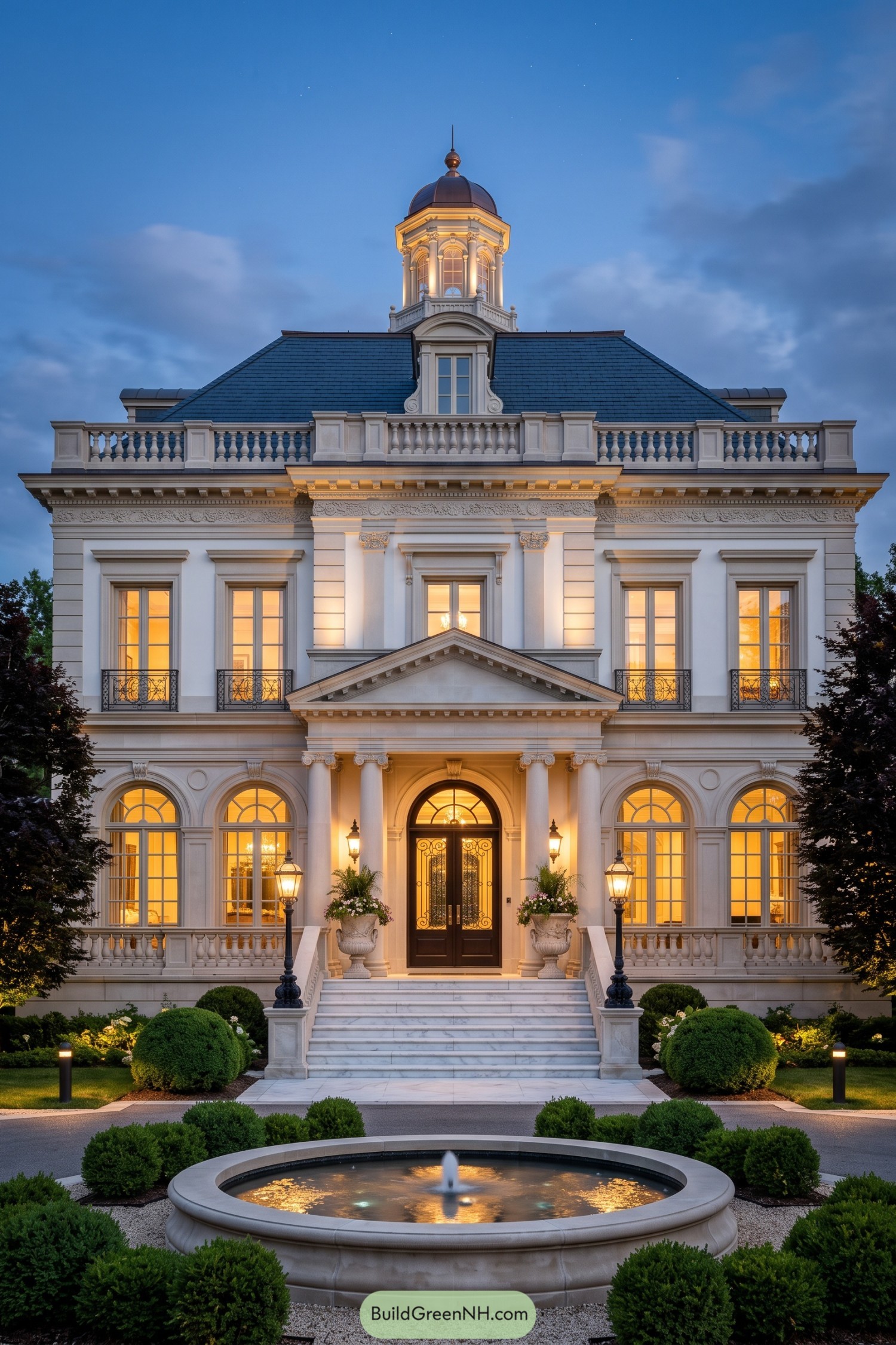 Classical cream villa with a domed cupola, columned entrance, wrought iron balconies, and a circular courtyard fountain