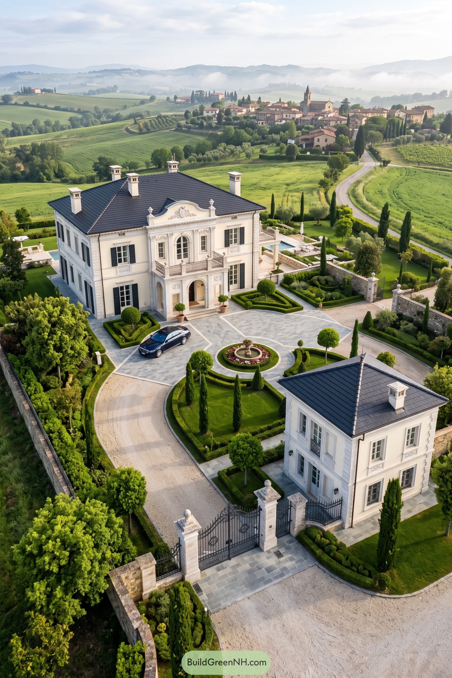 Cream classical villa with a matching gatehouse, wrought iron gates, clipped gardens, and a circular fountain courtyard
