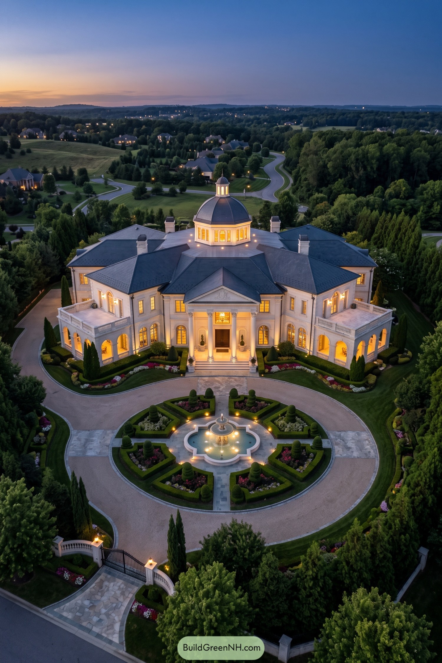 Aerial view of a classical villa with a domed roof, columned entrance, arched terraces and circular fountain garden