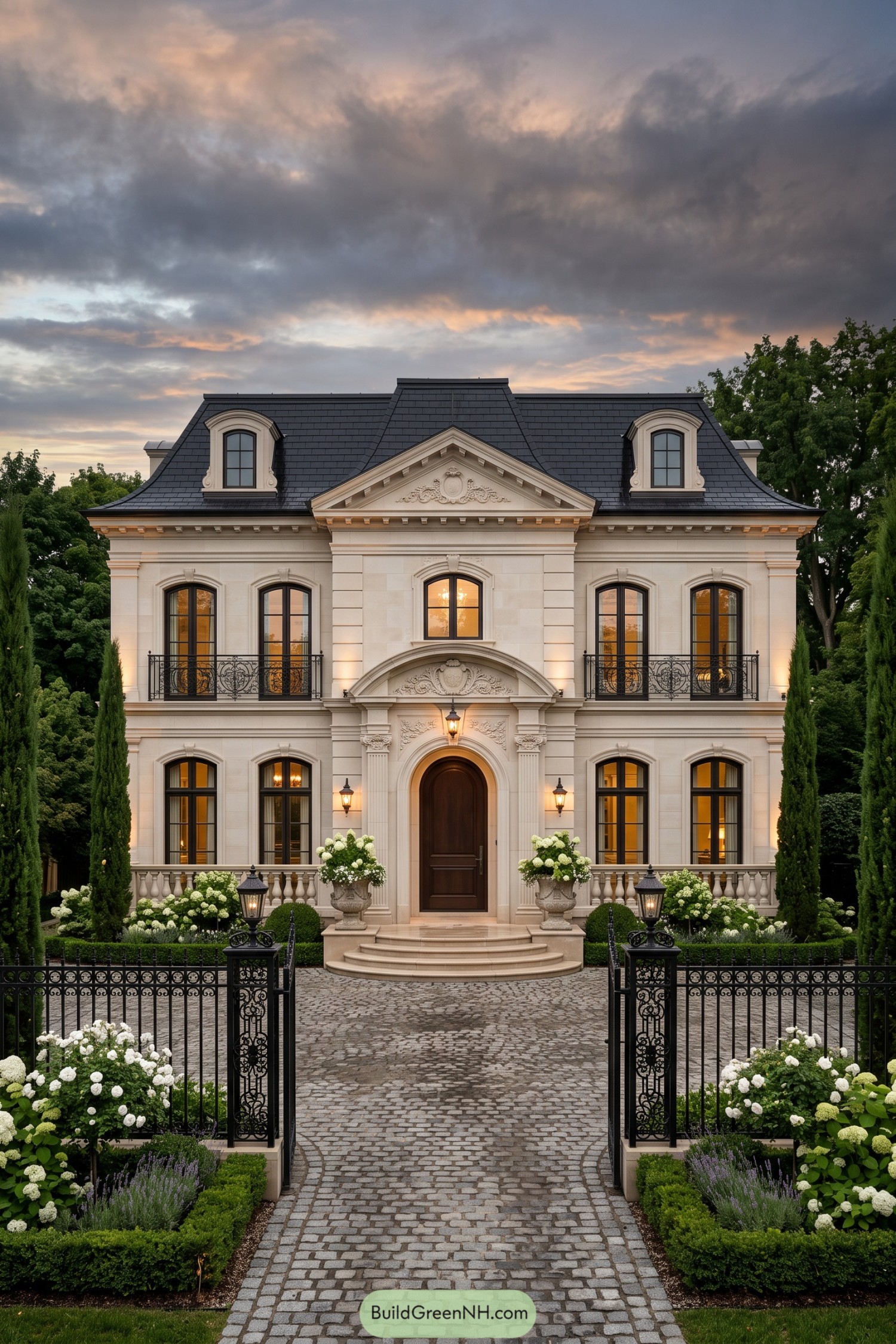 French-inspired villa with a dark mansard roof, carved entrance, iron balconies, and a cobblestone approach bordered by hydrangeas