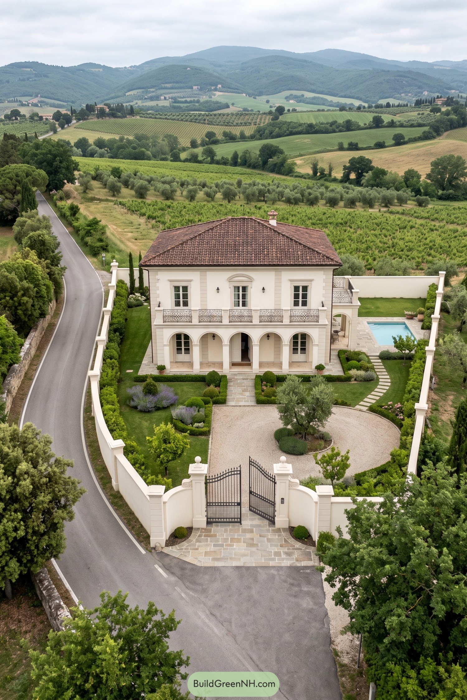 Cream villa with an arched porch, ornate balcony, terracotta roof, enclosed gardens, and a side swimming pool