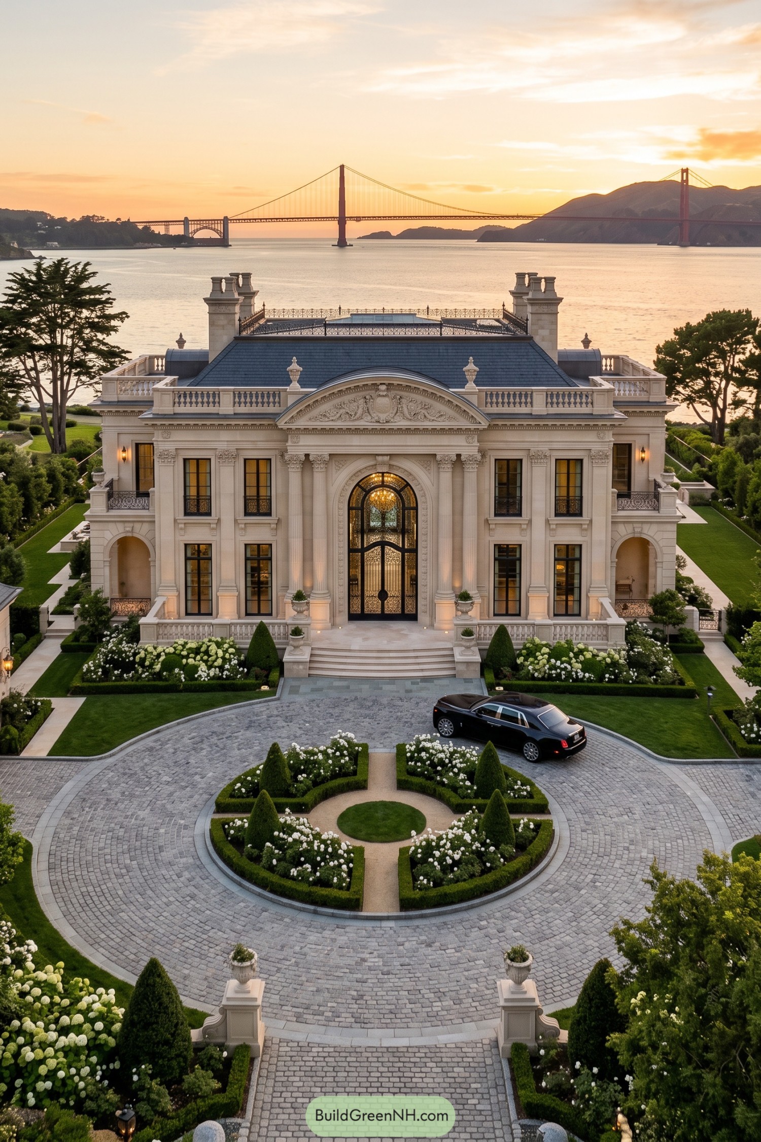 Cream classical villa with ornate columns, an arched entrance, rooftop terraces, and a circular garden driveway overlooking the bay