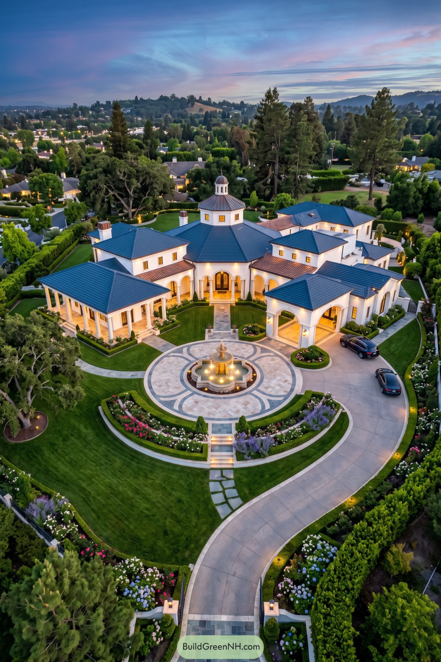 White classical villa with blue hipped roofs, columned terraces, and a fountain courtyard bordered by flower beds