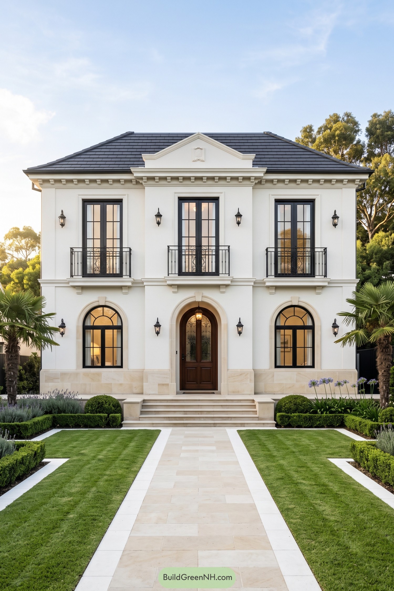 Symmetrical white villa with three iron balconies, arched ground floor openings, and a stone path through clipped gardens