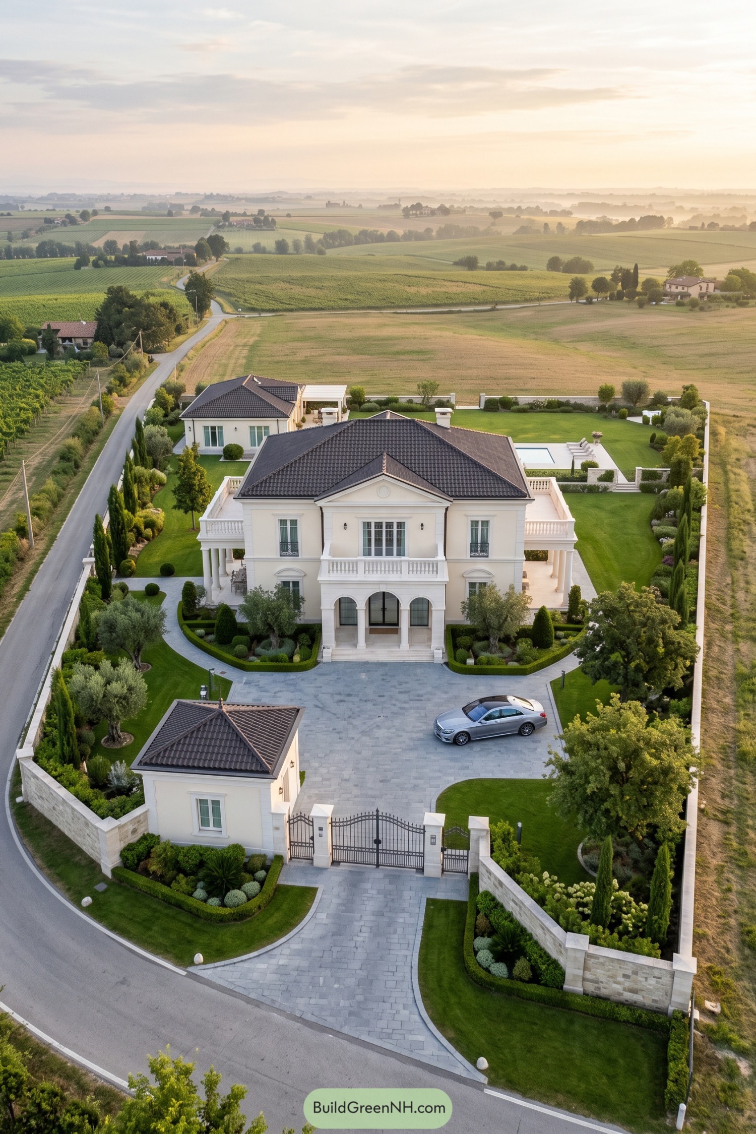 Aerial view of a cream classical villa with arched entryways, balustraded terraces, manicured gardens and a gated stone driveway