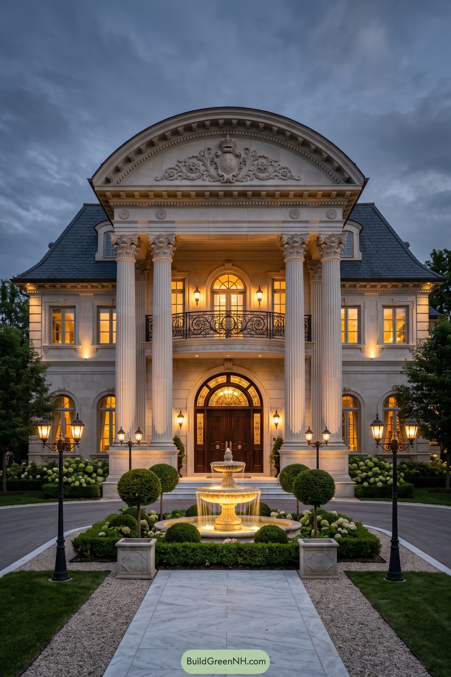 Classic villa with towering fluted columns, a carved pediment, an ornate balcony, and a tiered courtyard fountain