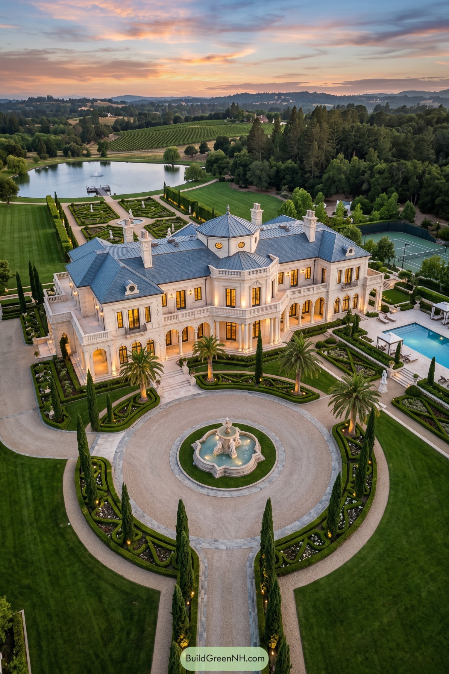 Cream classical villa with columned terraces, a circular fountain drive, formal gardens, and a swimming pool